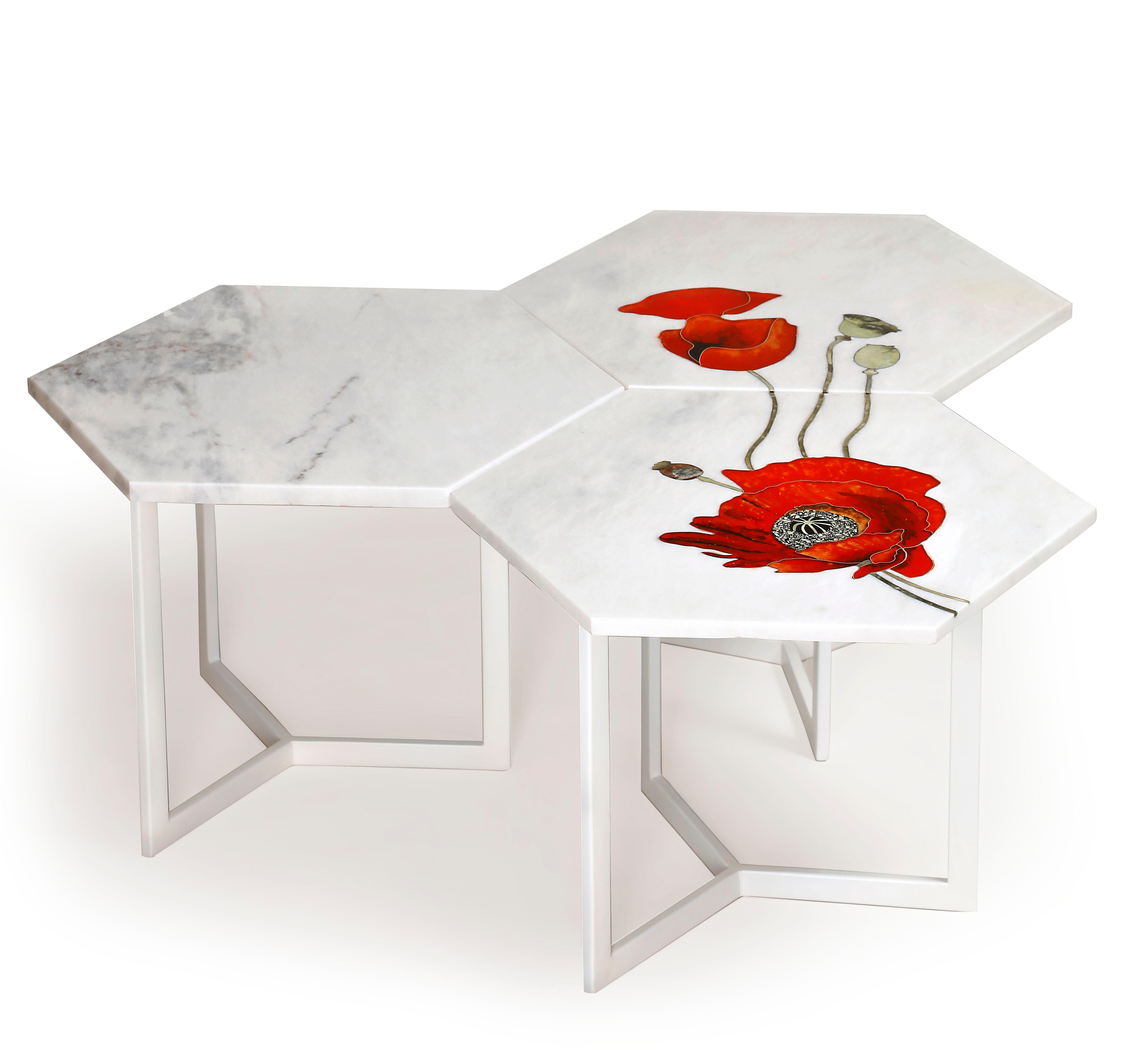 Reidi Modular Tables by Studio Lel
Dimensions: D59 x W59 x H41 cm each module
Materials: Serpentine, Resin, Marble, Metal

The Reidi Collection takes its name from the Persian word for the poppy flower - marrying traditional craft techniques