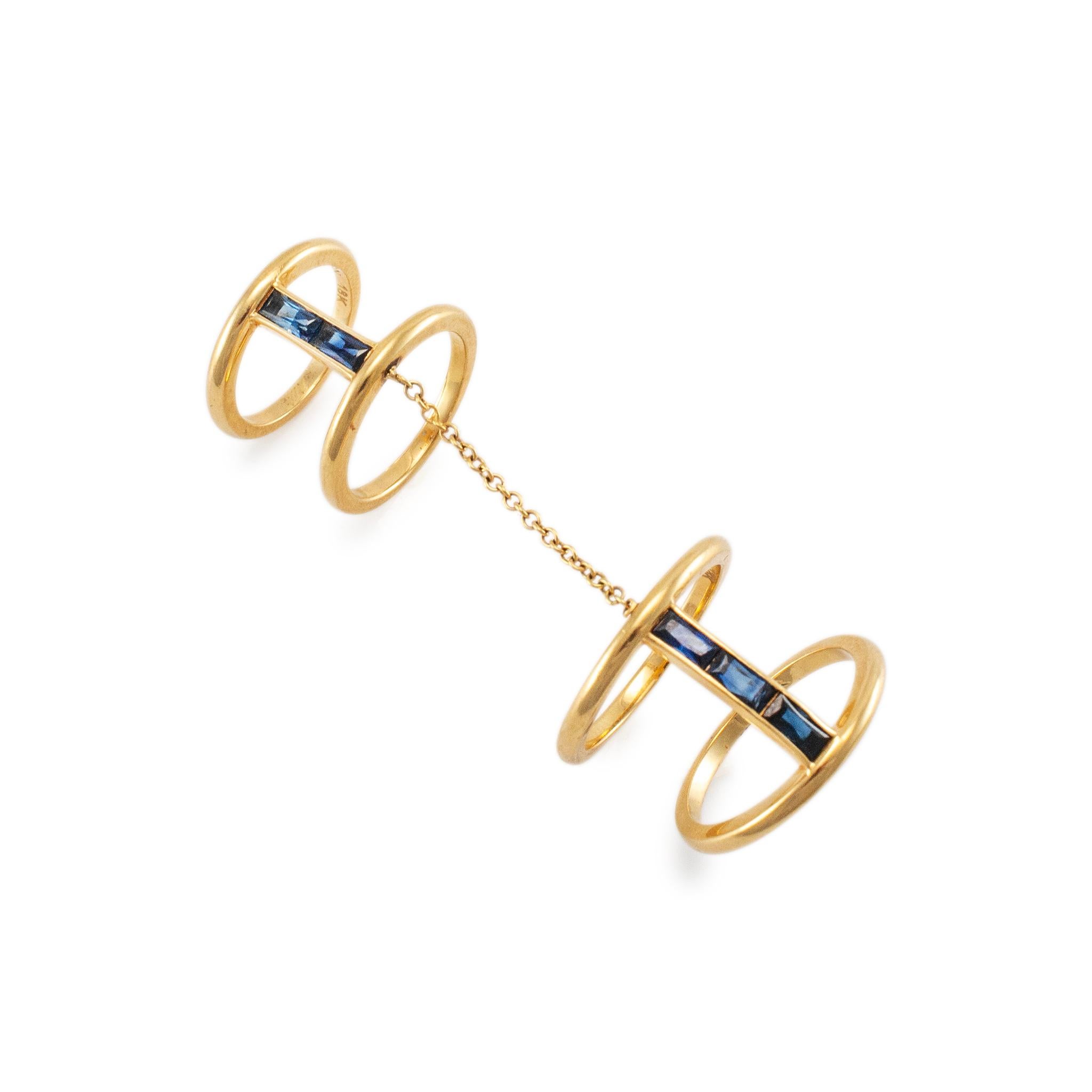 Baguette Cut Reign 18K Yellow Gold Baguette Sapphires Two Piece Cocktail Ring For Sale