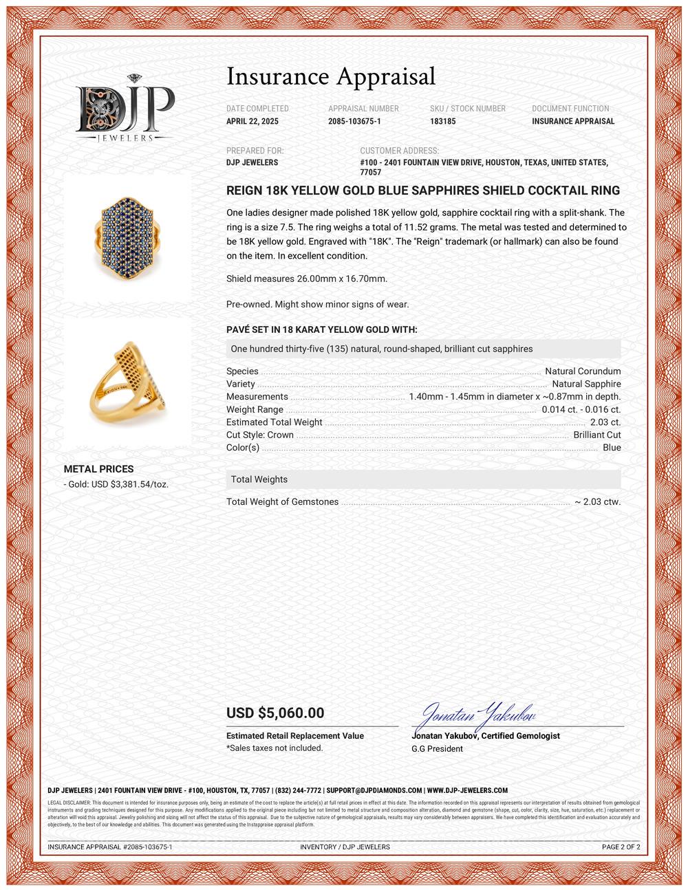Reign 18K Yellow Gold Blue Sapphires Shield Cocktail Ring For Sale 3