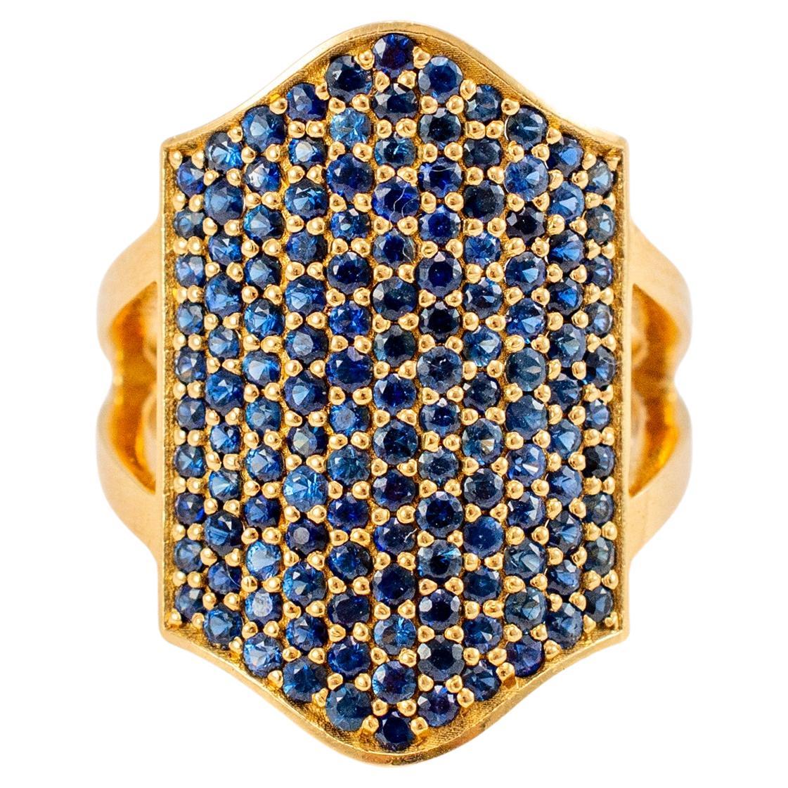 Reign 18K Yellow Gold Blue Sapphires Shield Cocktail Ring For Sale