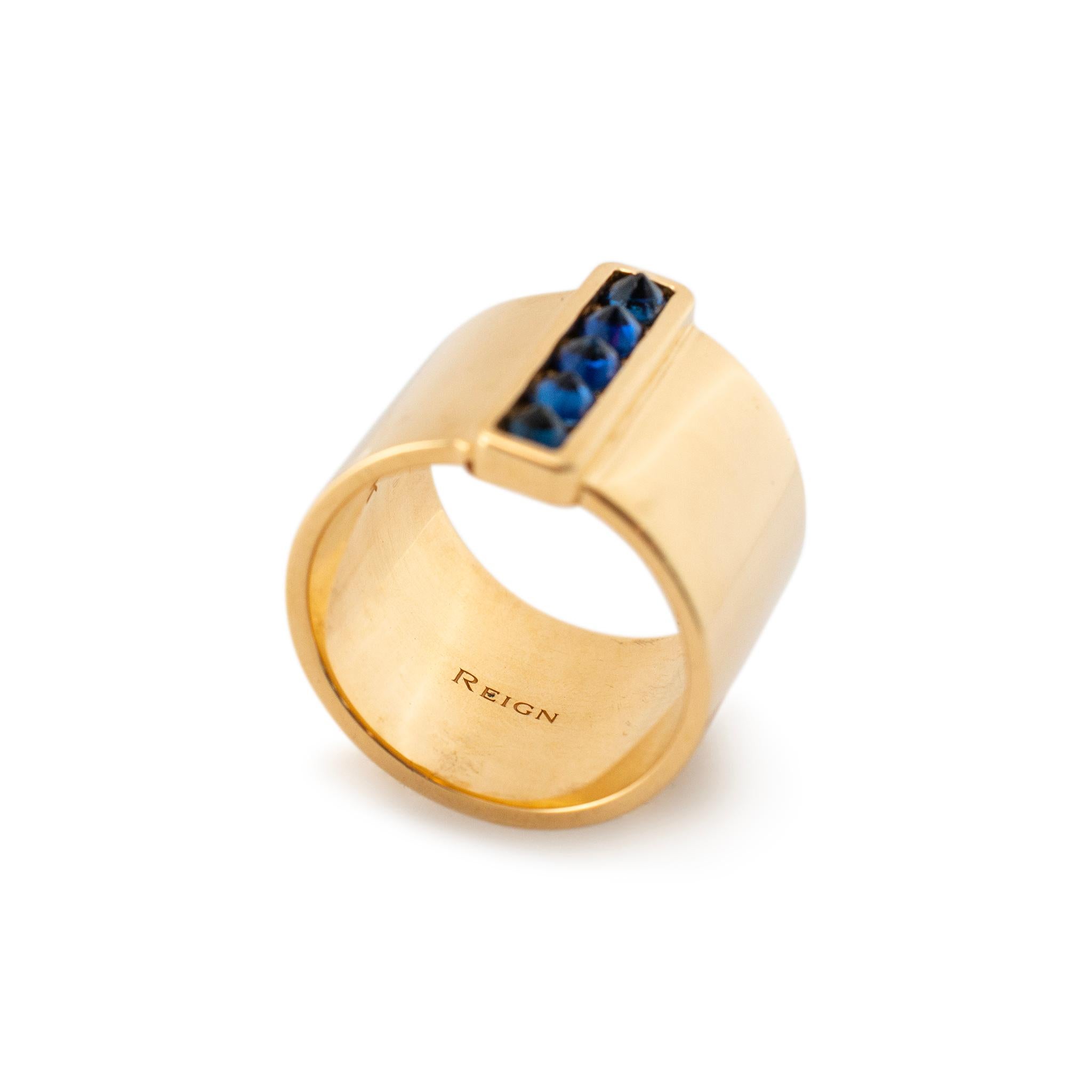 Round Cut Reign 18K Yellow Gold Upside Down Sapphire Wide Band Ring