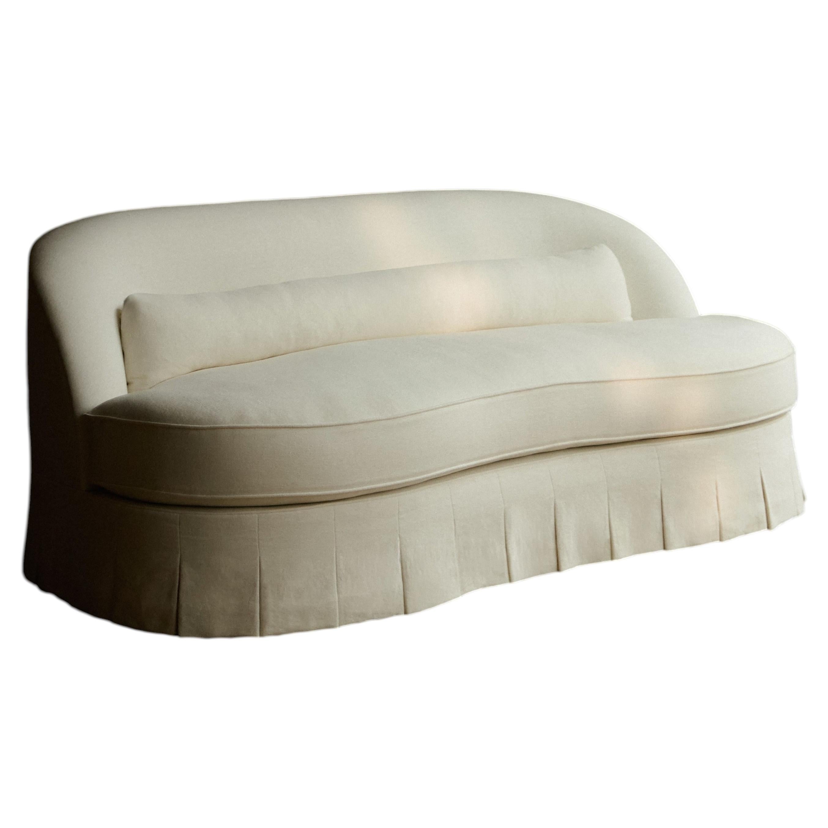 Reign Curved Linen Sofa with Pleated Skirt by Frances Jean (Ecru) For Sale