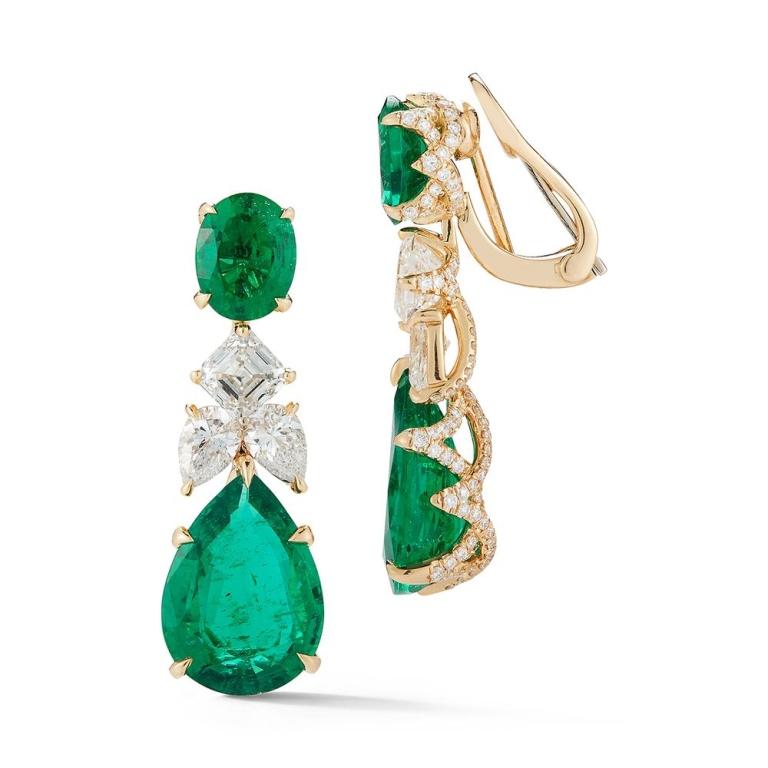 REIGN EMERALD EARRINGS A dynamic play on different shapes and colors of highest quality emerald and candlelit yellow diamonds makes for a timeless style. Item: # 02779 Metal: 18k Y Lab: Grs Color Weight: 14.53 ct. Diamond Weight: 4.41 ct.
