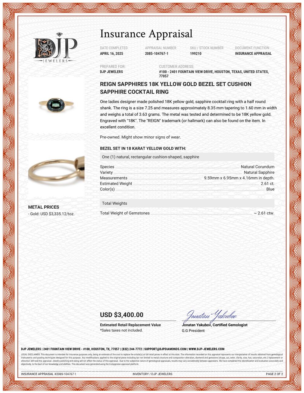 Reign Sapphires 18K Yellow Gold Bezel Set Cushion Sapphire Cocktail Ring For Sale 3