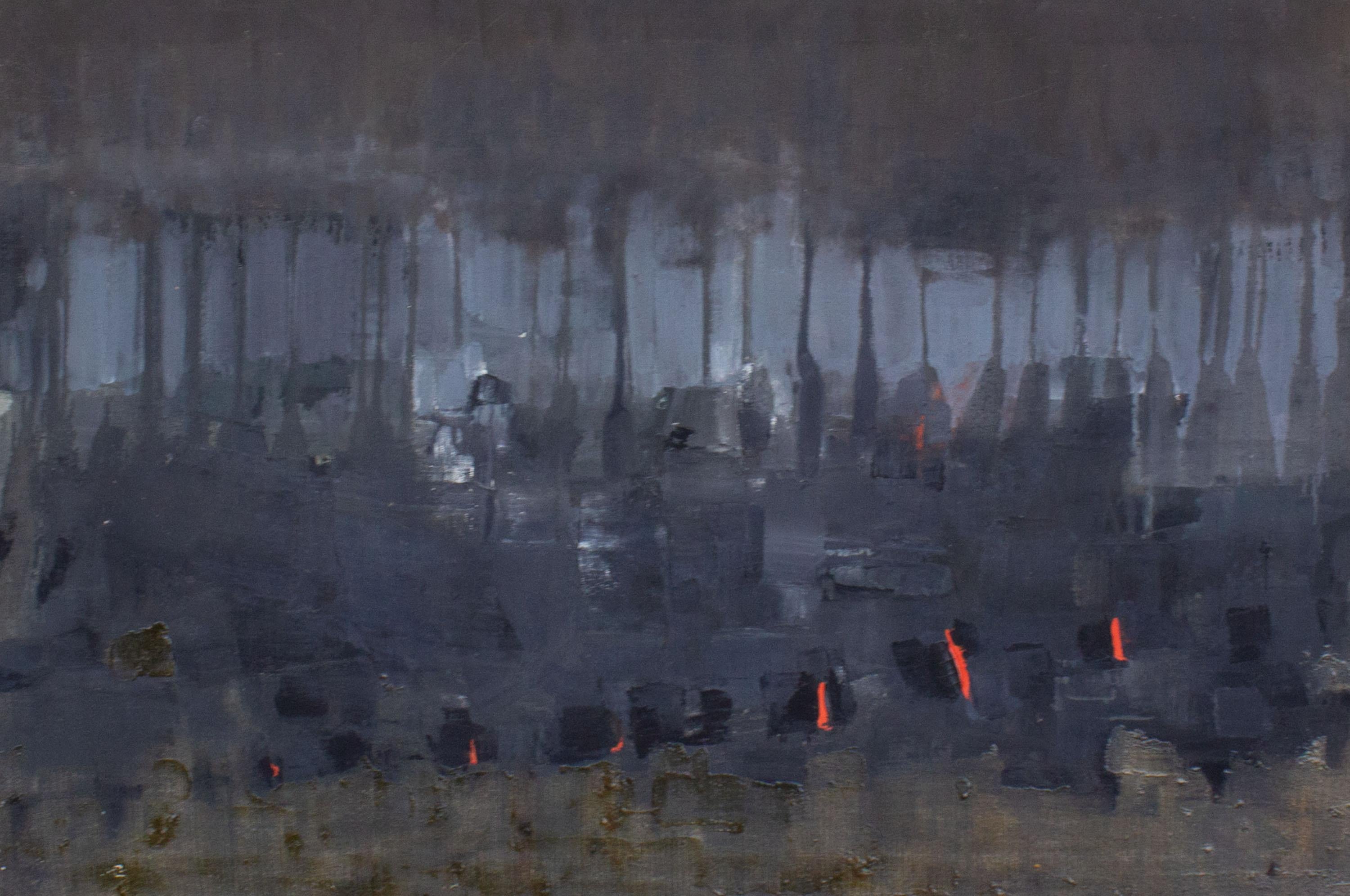 Ein abstraktes Ölgemälde auf Leinwand aus den 1960er Jahren der amerikanischen Künstlerin Reiko Sakagami Baume (1927-2021). Das stimmungsvolle Gemälde zeigt horizontale Farbschichten, die sich zu einem abstrakten Muster vermischen und tropfen. Durch