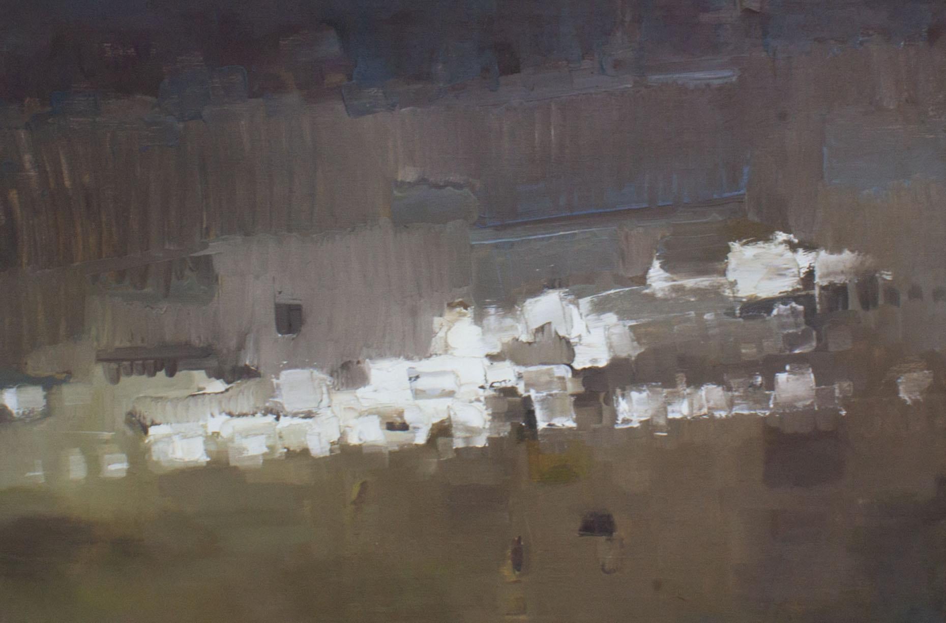 Ein abstraktes Ölgemälde auf Leinwand der amerikanischen Künstlerin Reiko Sakagami Baume (1927-2021). Das Gemälde zeigt horizontale und vertikale Farbschichten, die sich zu einem abstrakten Muster vermischen und tropfen. Ein kräftiges Impasto