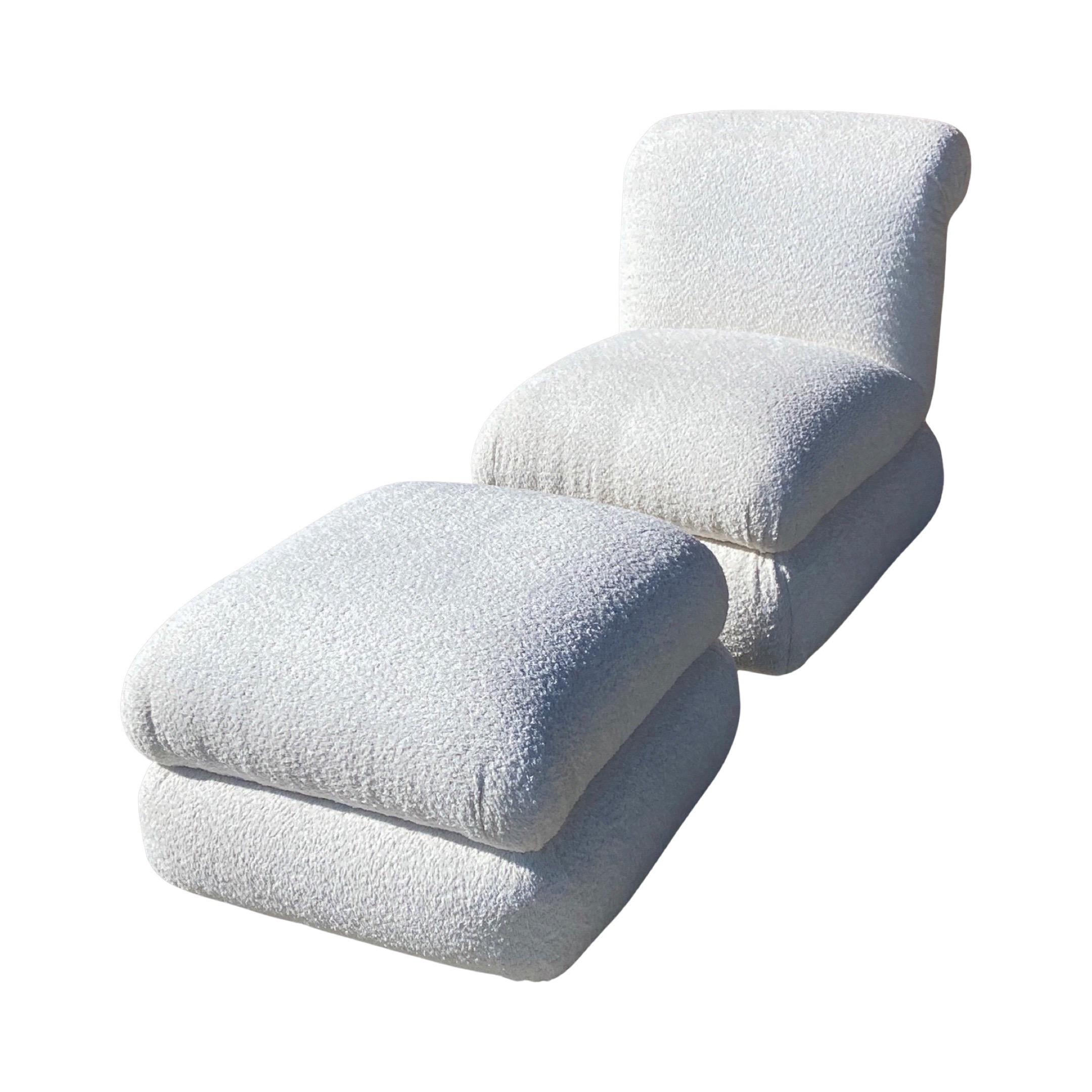 We didn’t want to change the amazing 1980s Phyllis Morris chair and ottoman, we just wanted to reimagine it in European off-white boucle. The set is stunning. The design not only holds up today, it’s better than ever. The shape reminds us of a