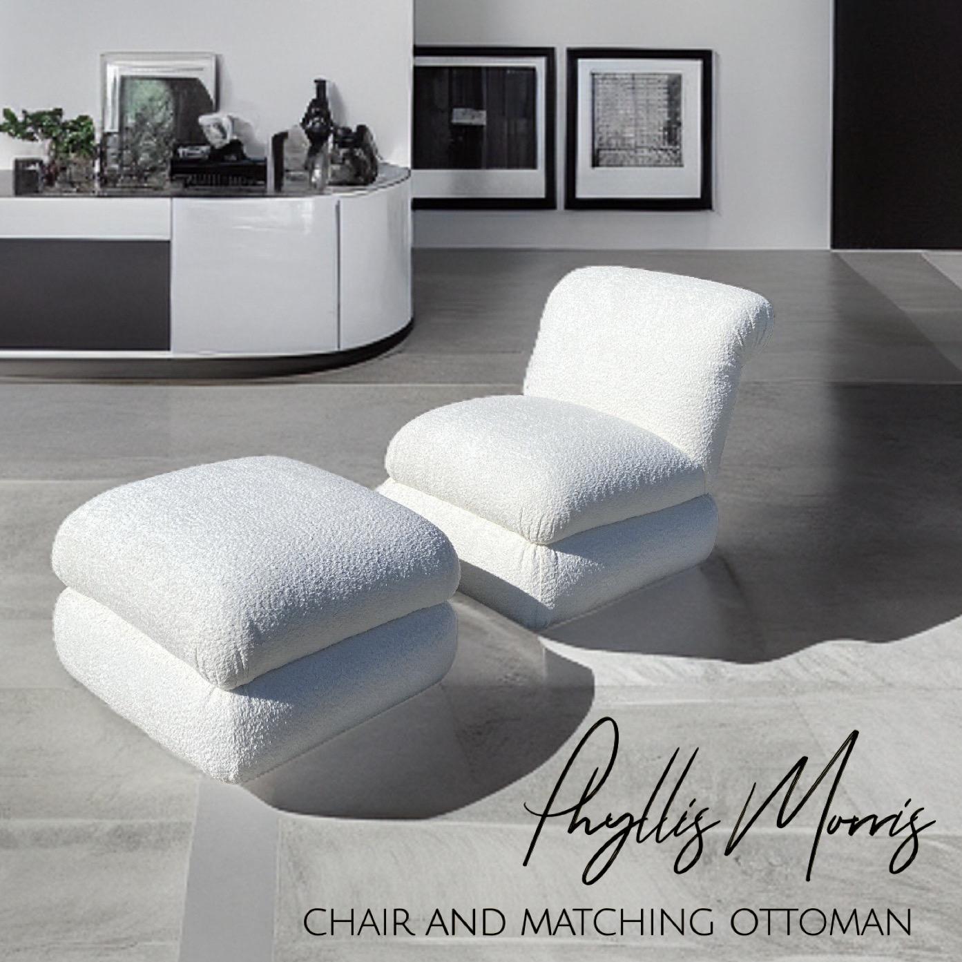 Modern Reimagined Vintage 1980s Phyllis Morris Off-White Bouclé Chair and Ottoman Set  For Sale
