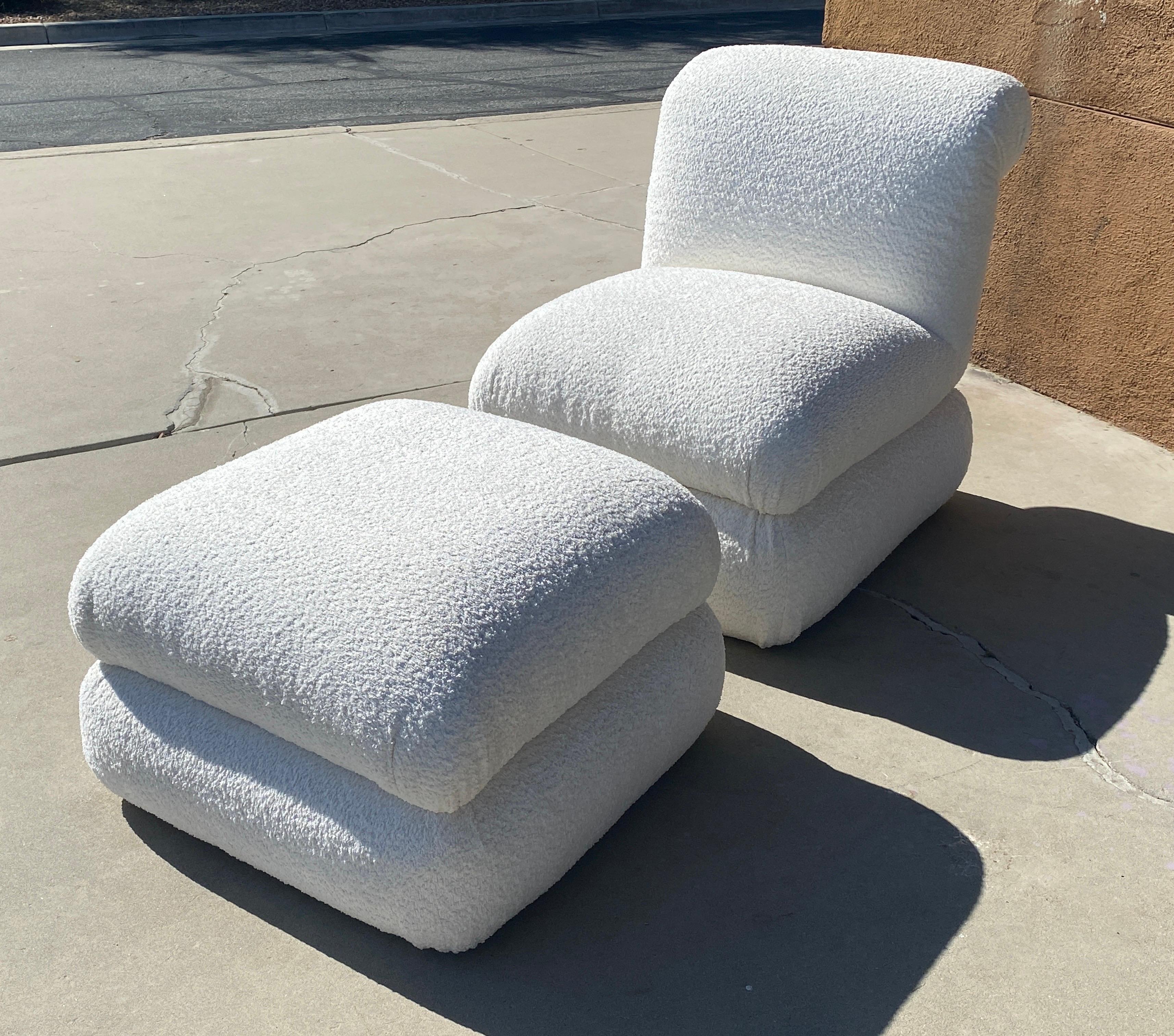 Reimagined Vintage 1980s Phyllis Morris Off-White Bouclé Chair and Ottoman Set  In Excellent Condition For Sale In Palm Springs, CA