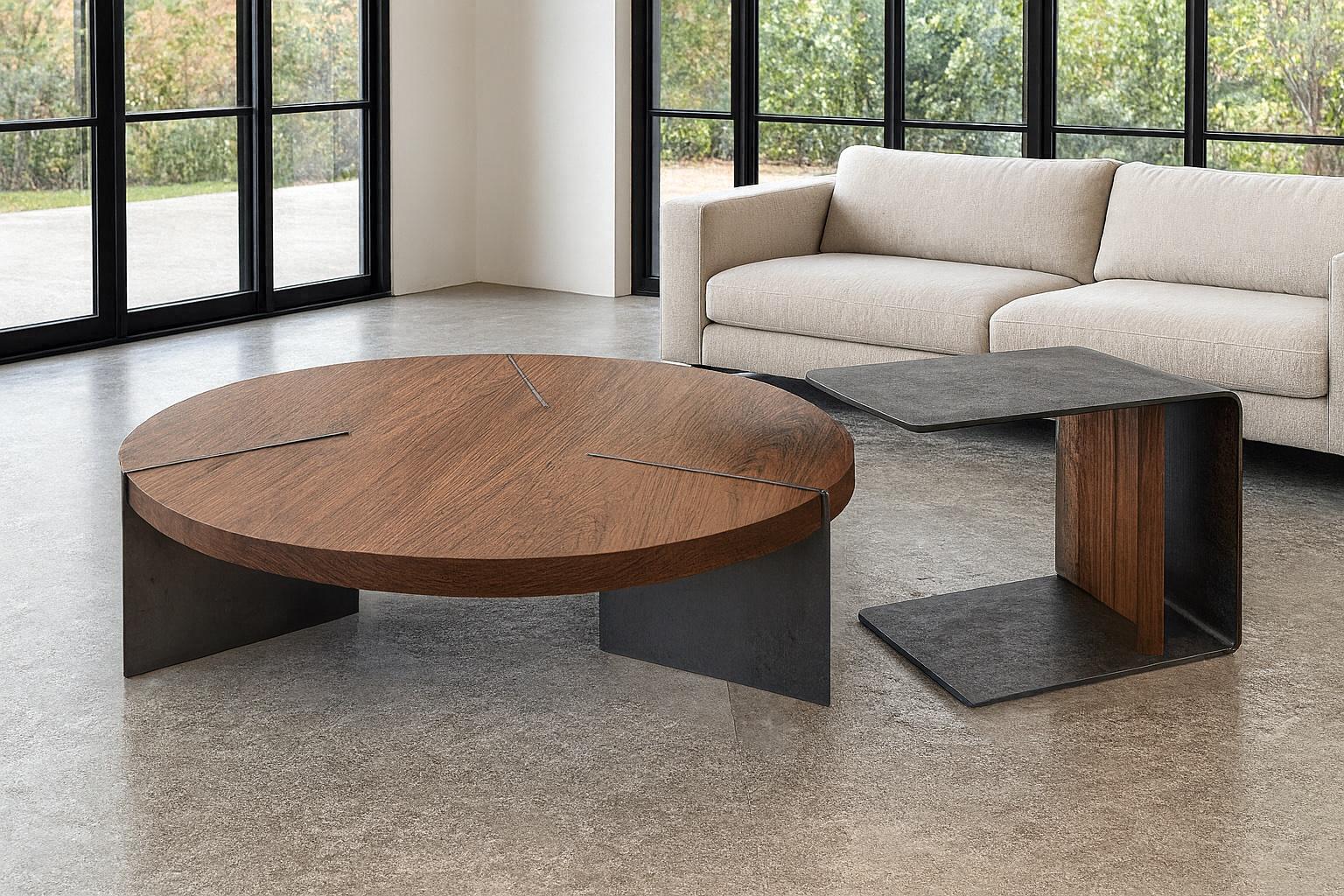 Reina Walnut Coffee Table & Shape of Weight C-Shaped Side Table - Modern Industrial Nesting Set

Ce remarquable ensemble de tables deux pièces allie un design industriel moderne à un savoir-faire ancestral, avec une table basse en noyer massif et