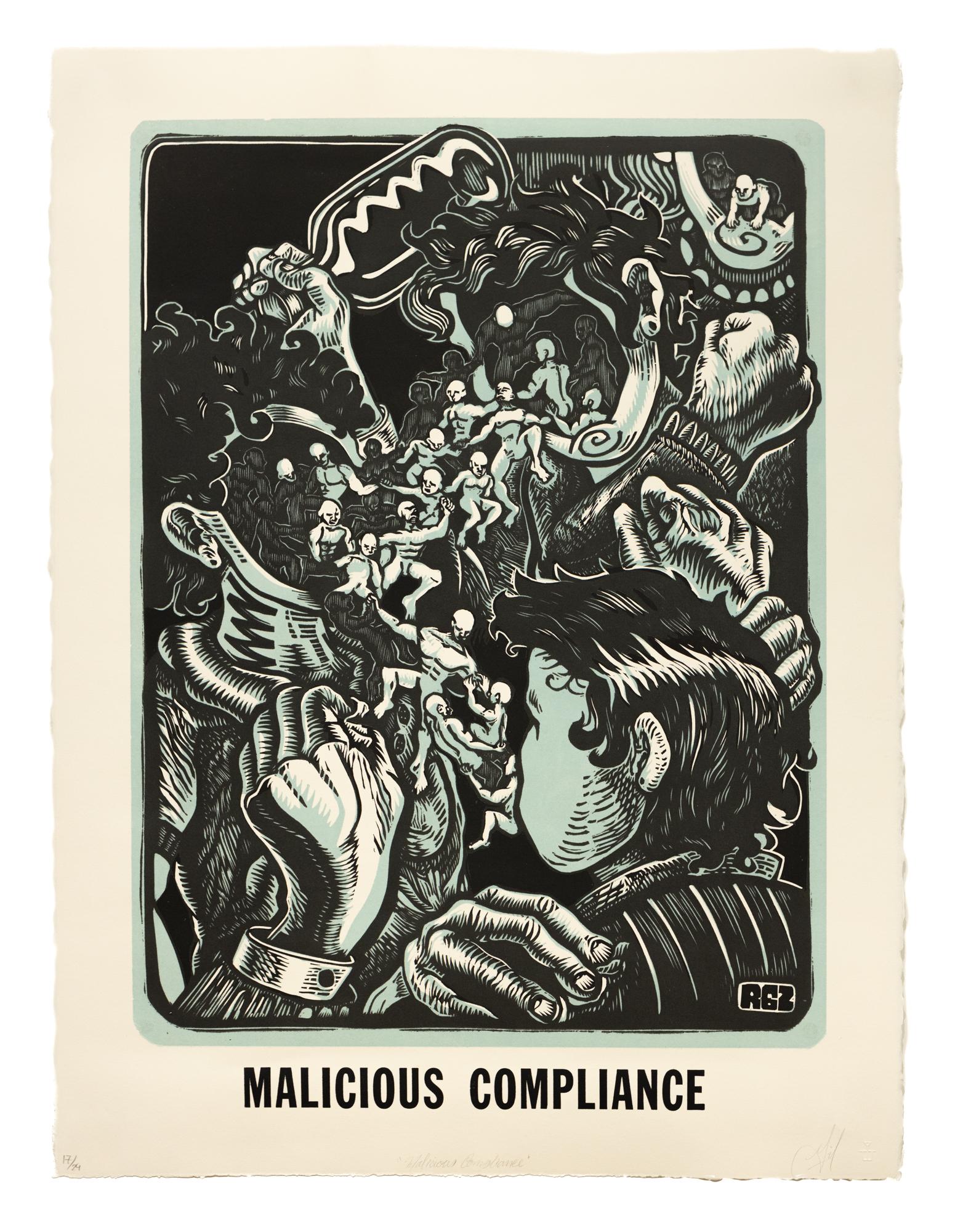 Reinaldo Gil Zambrano Figurative Print - "Malicious Compliance", Figurative, Depiction of Violence, Relief Print