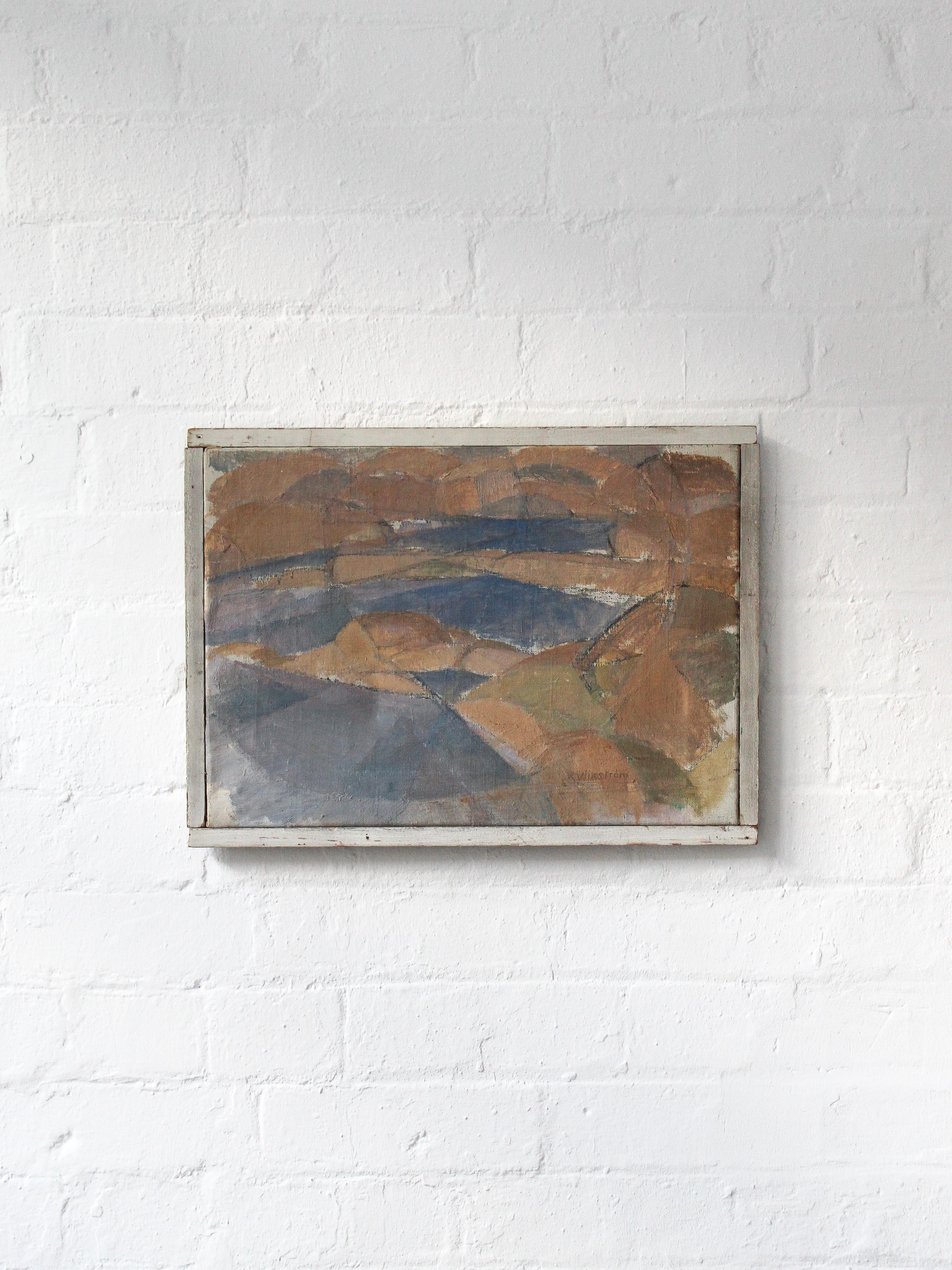 A striking mid-century abstract landscape composition painted in oil onto canvas and framed in a basic painted pine canvas box frame. Swedish in origin, signed by the artist Reinar Wikström to the lower right.

Artist: Reinar Wikström
Medium: Oil on