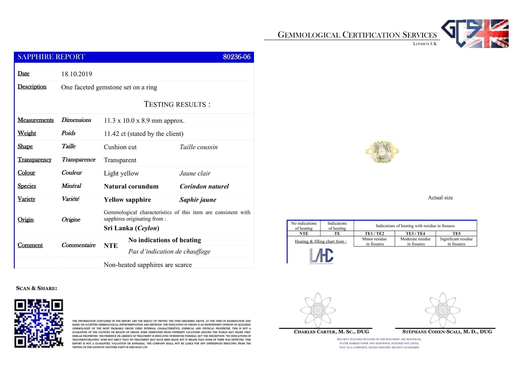 Saphir de Ceylan jaune non chauffé de 11,42 carats certifié Reinassance Revival Ri en vente 3