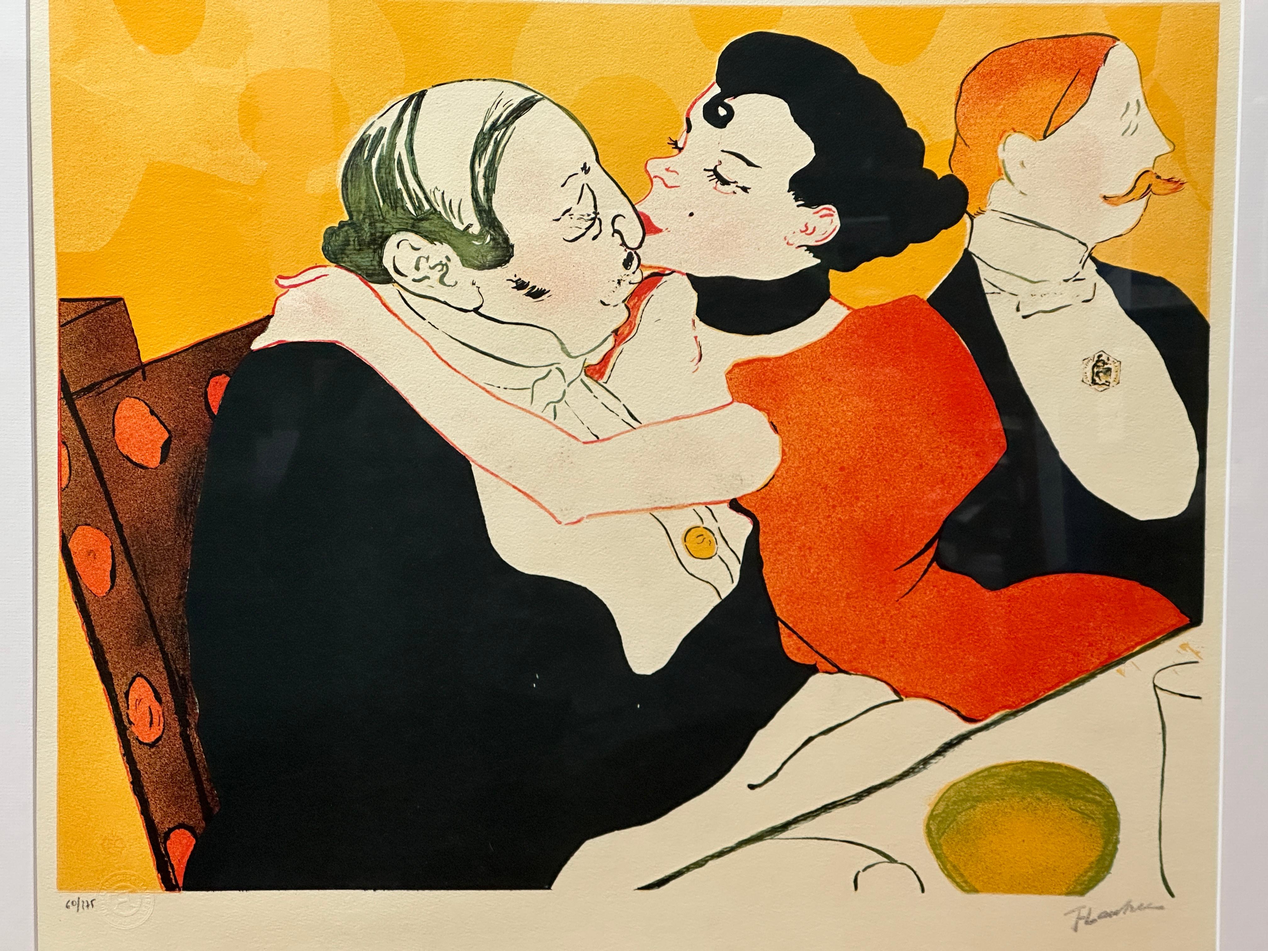 This signed lithograph, numbered 60/275, originates from an 1892 poster and bears the seal of the Musée d’Albi. This well-known lithograph by Toulouse-Lautrec represents the upper half of a poster that advertised Victor Joze’s novel titled “Reine de