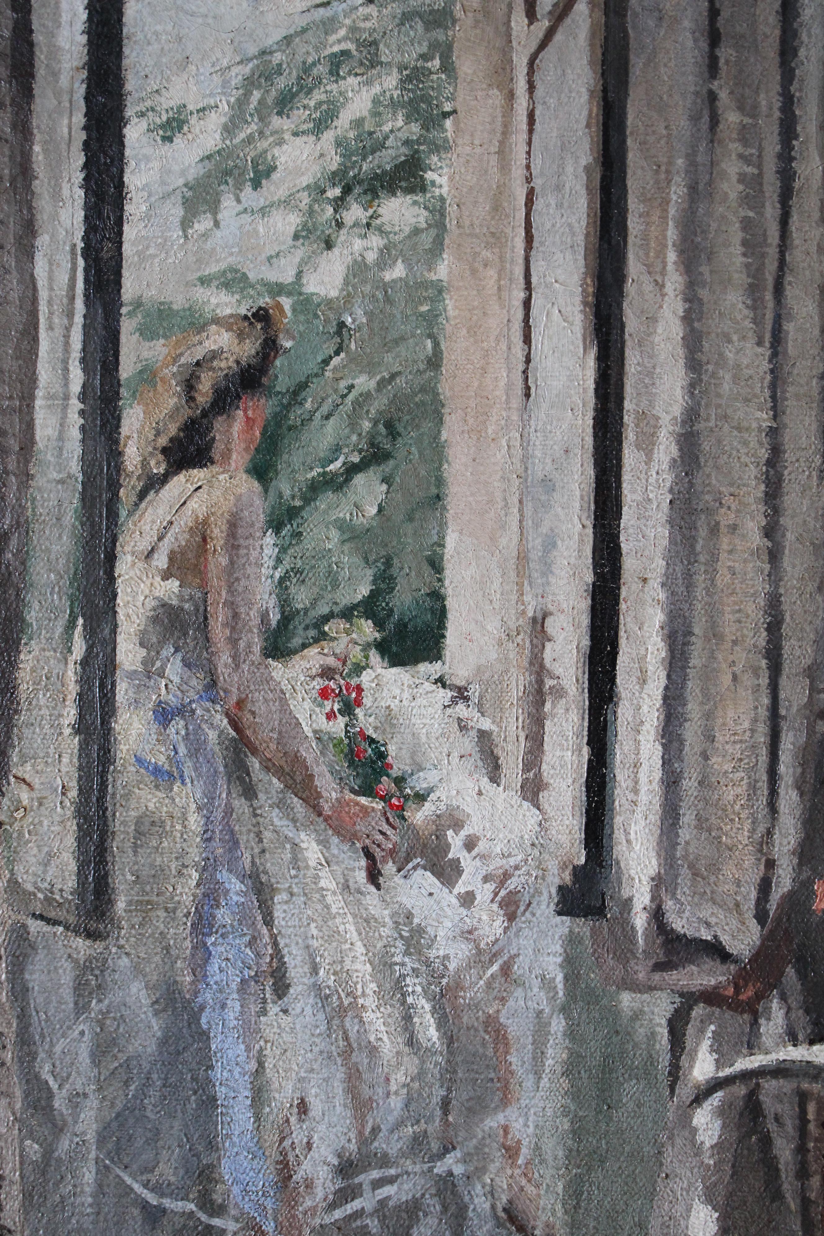 Vintage post-impressionist painting of a ballerina, figurative interior scene - Painting by Reine Virely Calmez