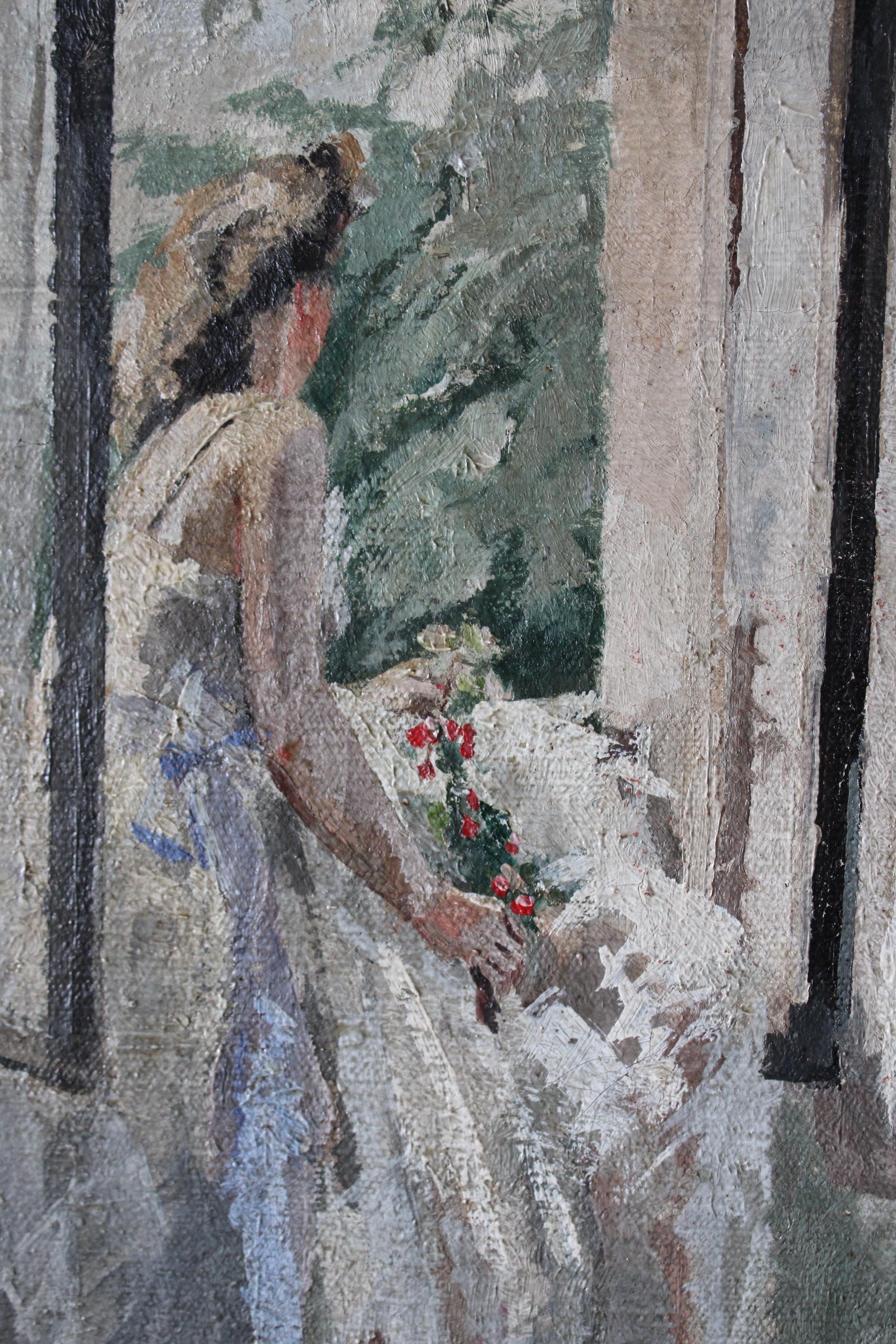 Vintage post-impressionist painting of a ballerina, figurative interior scene - Post-Impressionist Painting by Reine Virely Calmez