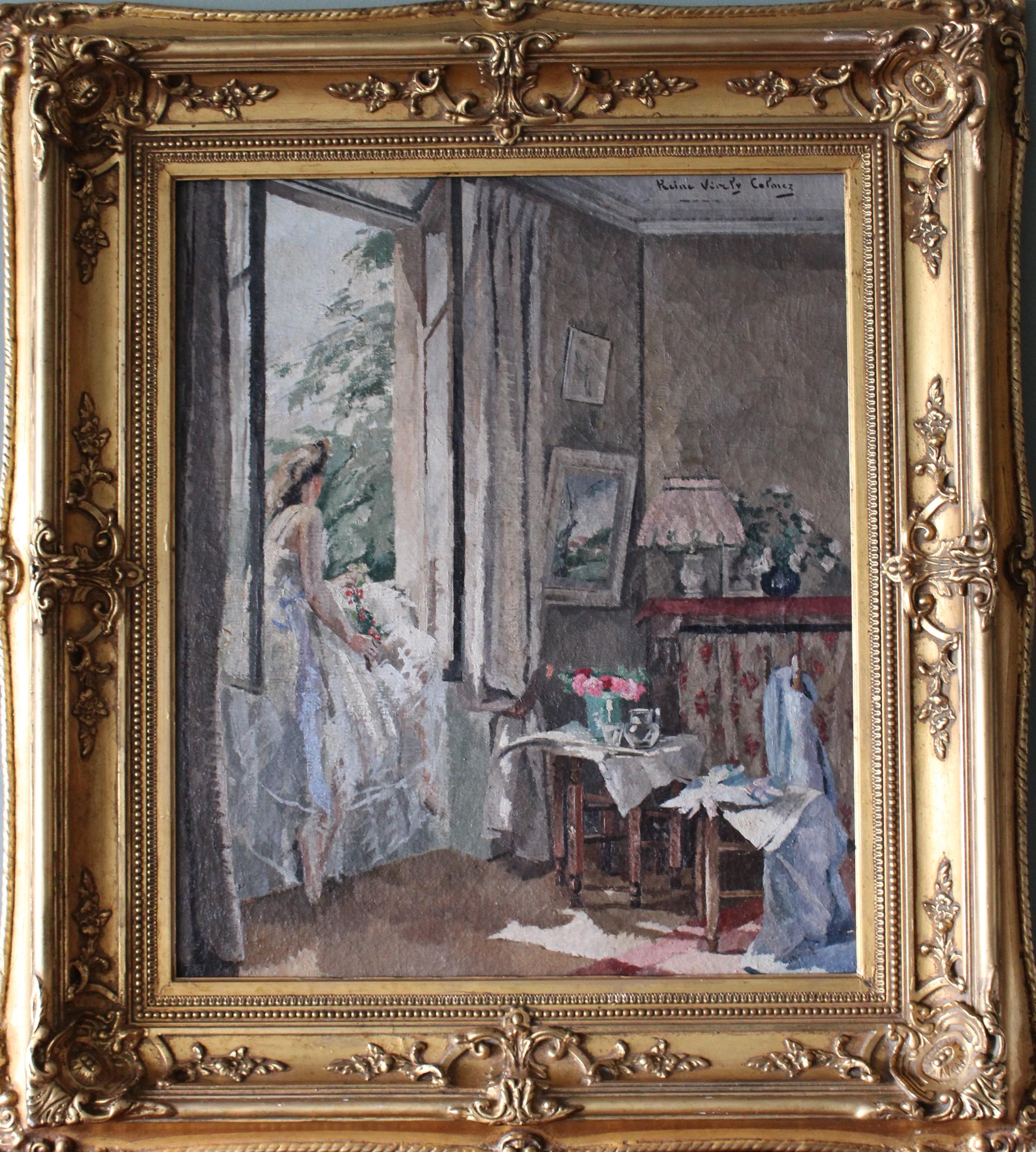 Reine Virely Calmez Interior Painting - Vintage post-impressionist painting of a ballerina, figurative interior scene