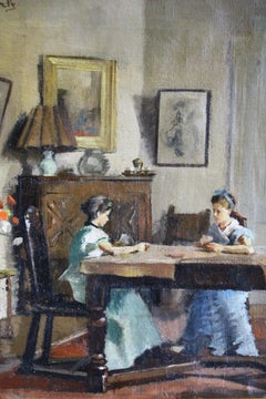 Vintage French post-impressionist oil painting of card players, interior artwork