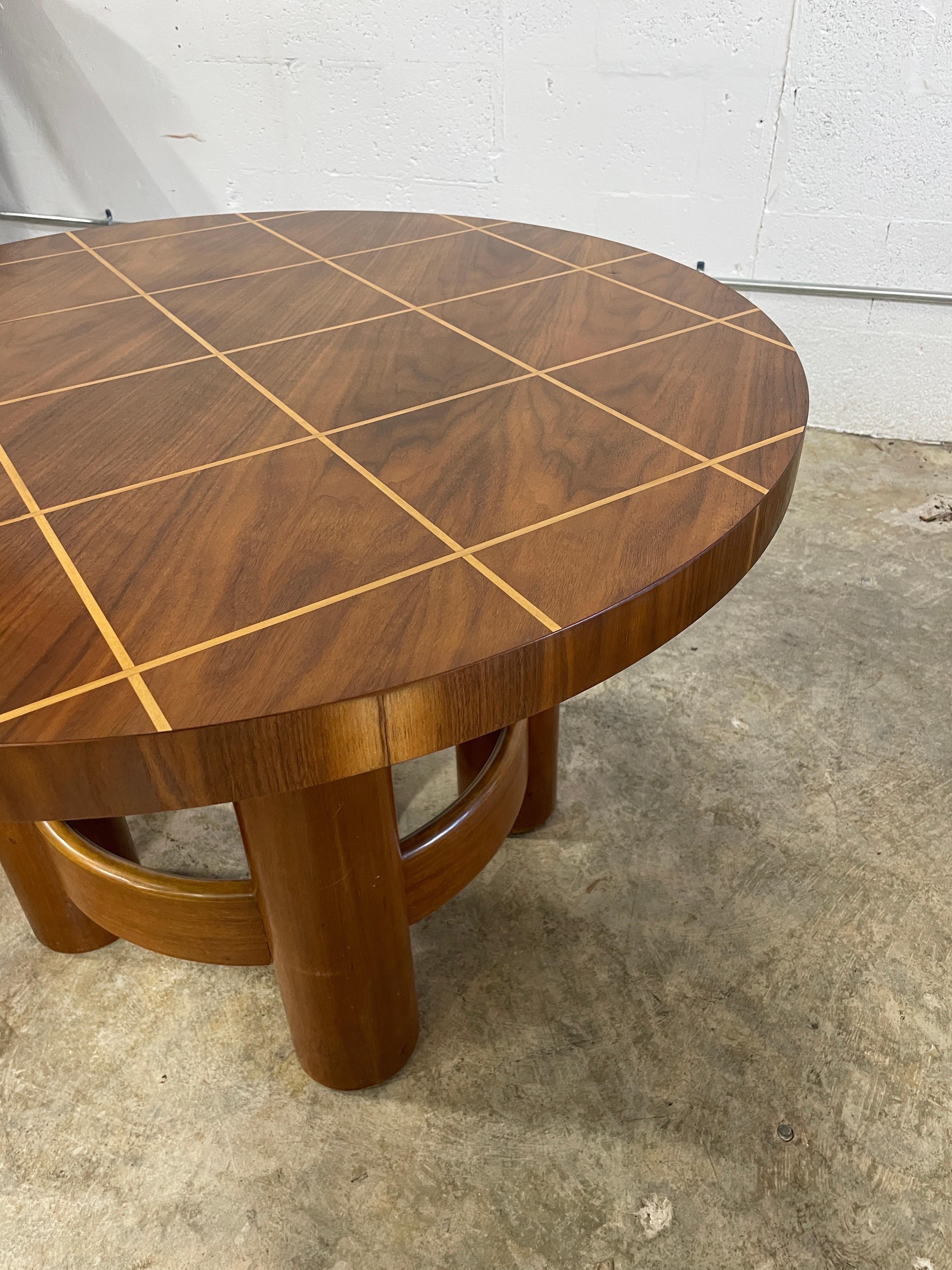 Stunning Round Coffee Table by Reiners. Made in Mjölby, Sweden, 1950s. Geometric inlay on the top and thick round legs. 35diam 23height