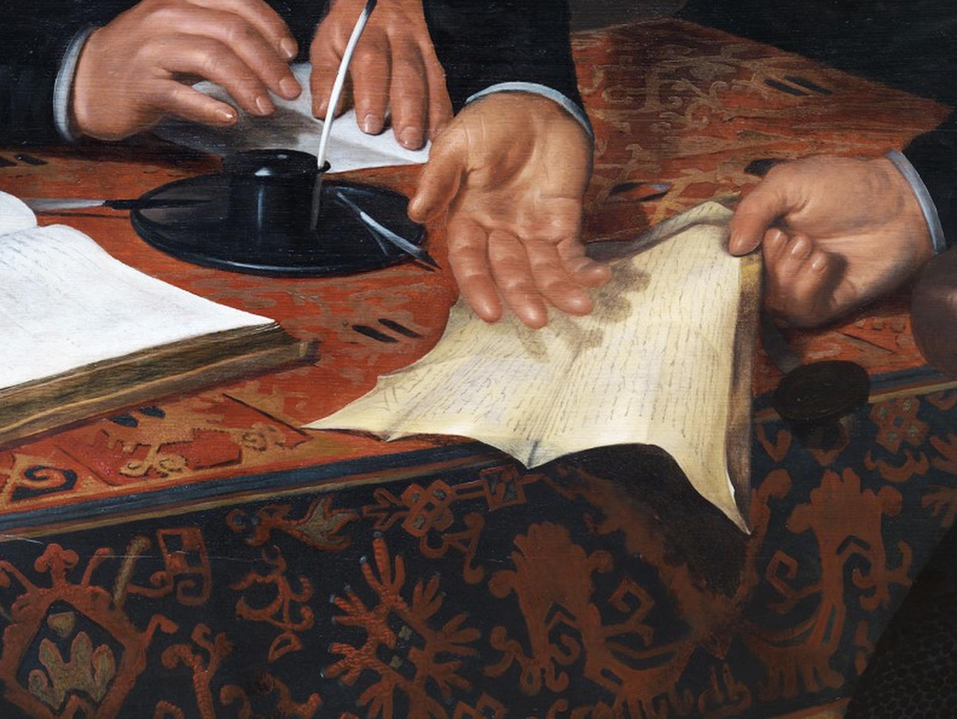 DETTAGLIO DA: QUATTRO REGGENTI DELLA GROOT-KRAMERGILD, 1622 dipinto - Still-Life Photograph Nero di Reinhard Görner