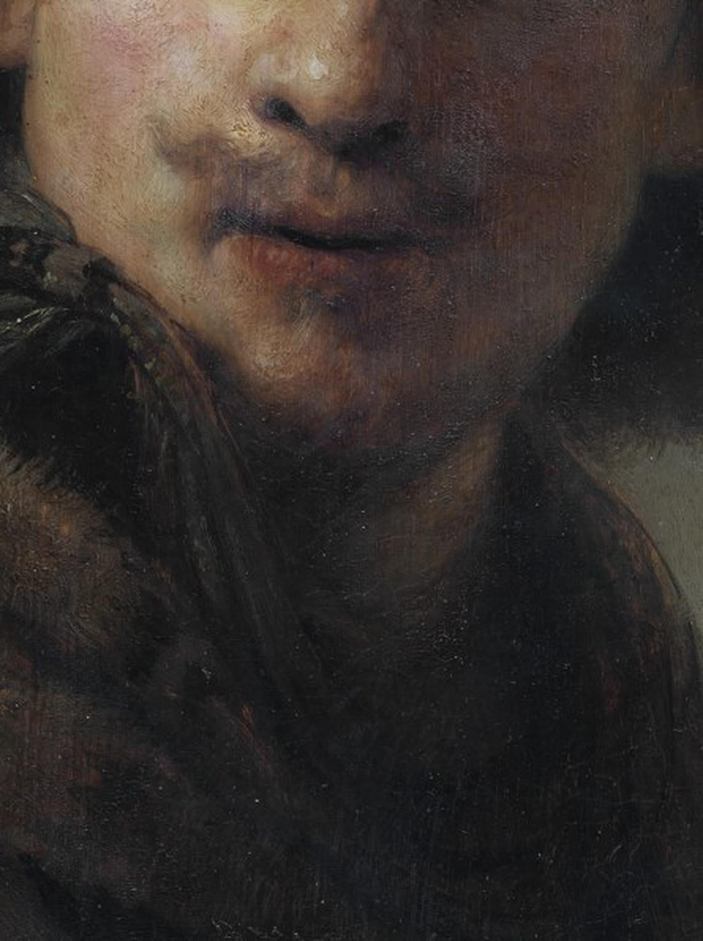 DETALLE DE: Autorretrato con gorro de terciopelo y bata con cuello de piel, Rembrandt - Figurative Photograph Negro de Reinhard Görner