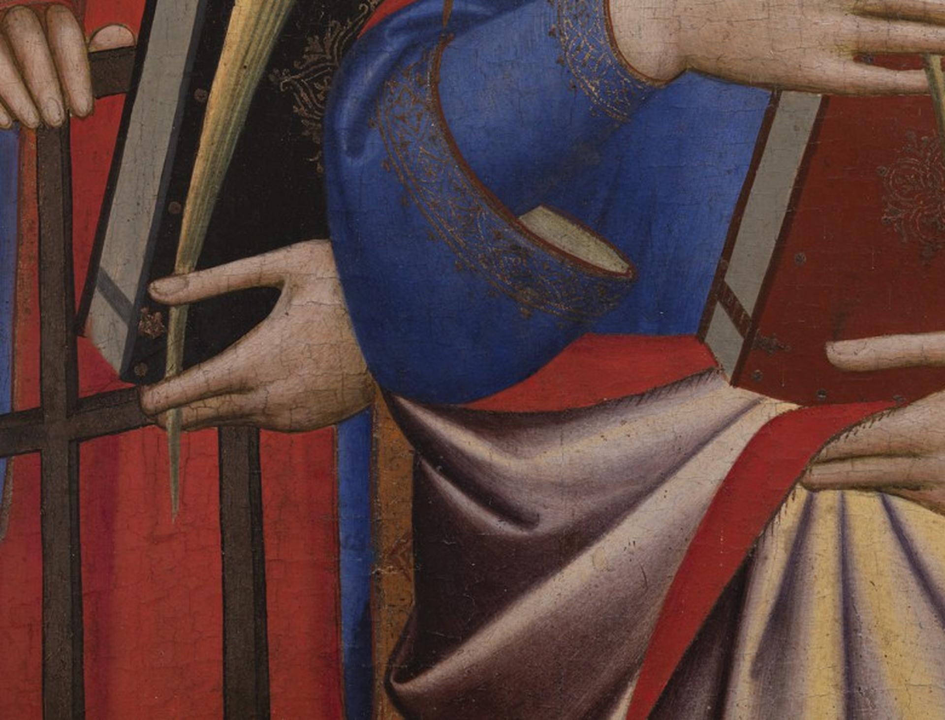 Detail: Die Heiligen Laurentius und Catherine, Giovanni Gaddi, Gemälde von 1380, Detail
Gemäldegalerie Berlin
2008

Zwei Editionen verfügbar.

Diese konzeptionelle Fotografie des deutschen Fotografen Reinhard Görner aus dem Jahr 2008 zeigt die Hände