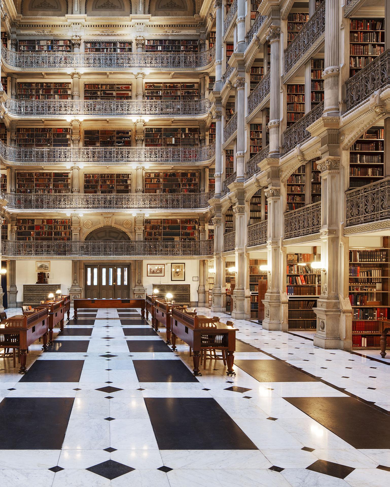 This masterful photograph by renowned architectural photographer Reinhard Görner captures the timeless elegance of the George Peabody Library in Baltimore. Known as the 'cathedral of books,' the library’s stunning neoclassical design, soaring