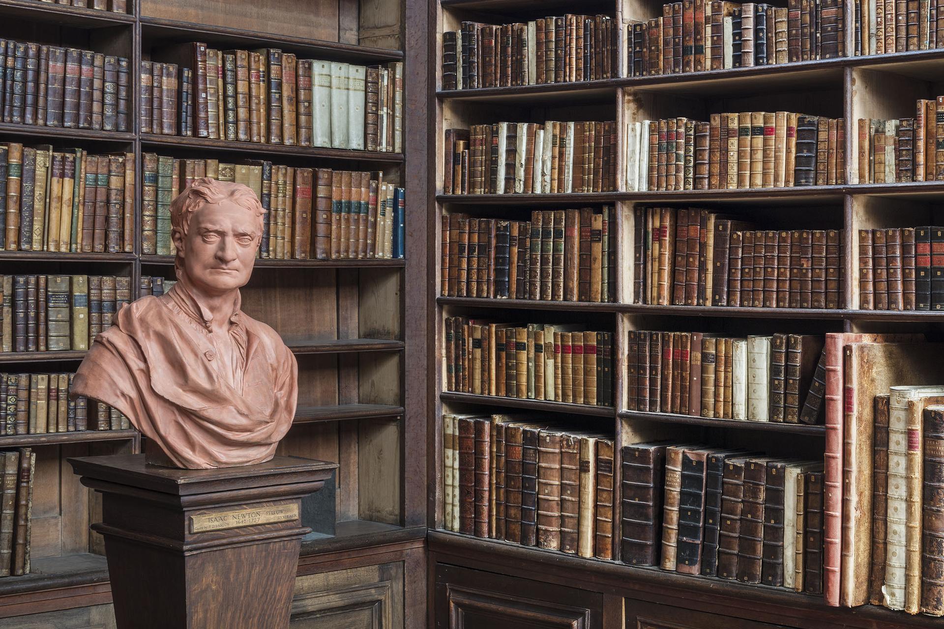 Questa fotografia architettonica d'interni di grandi dimensioni dell'artista tedesco Reinhard Görner ritrae il busto di Sir Isaac Newton nella biblioteca del Trinity College di Cambridge, in Inghilterra. Una luce calda e dorata riempie la stanza,