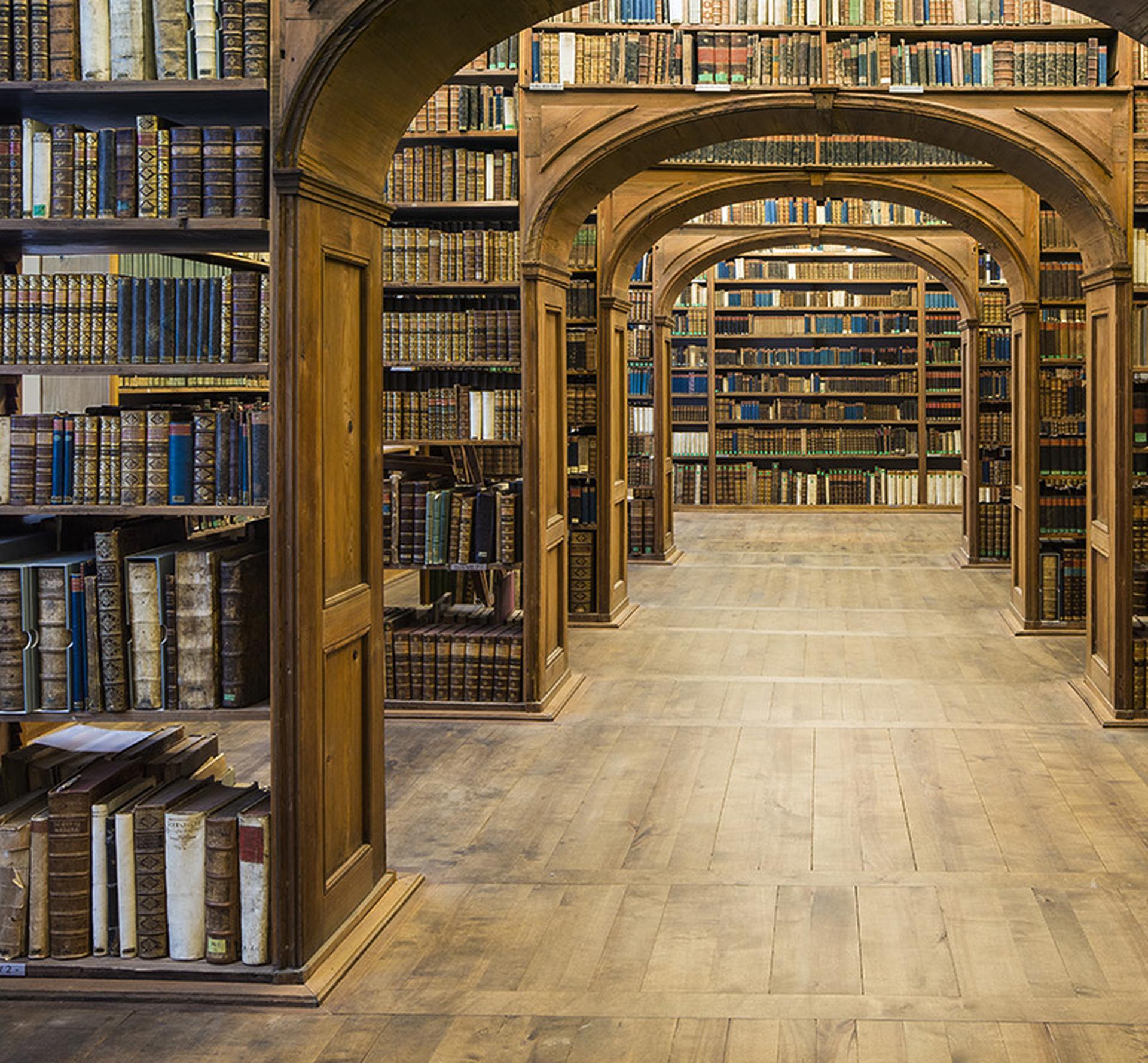 Diese großformatige Architekturfotografie des deutschen Künstlers Reinhard Görner zeigt den Bibliothekssaal der Oberlausitzischen Bibliothek der Wissenschaften in Görlitz, Deutschland. Die Bögen öffnen sich wie Portale ins Innere und bringen das