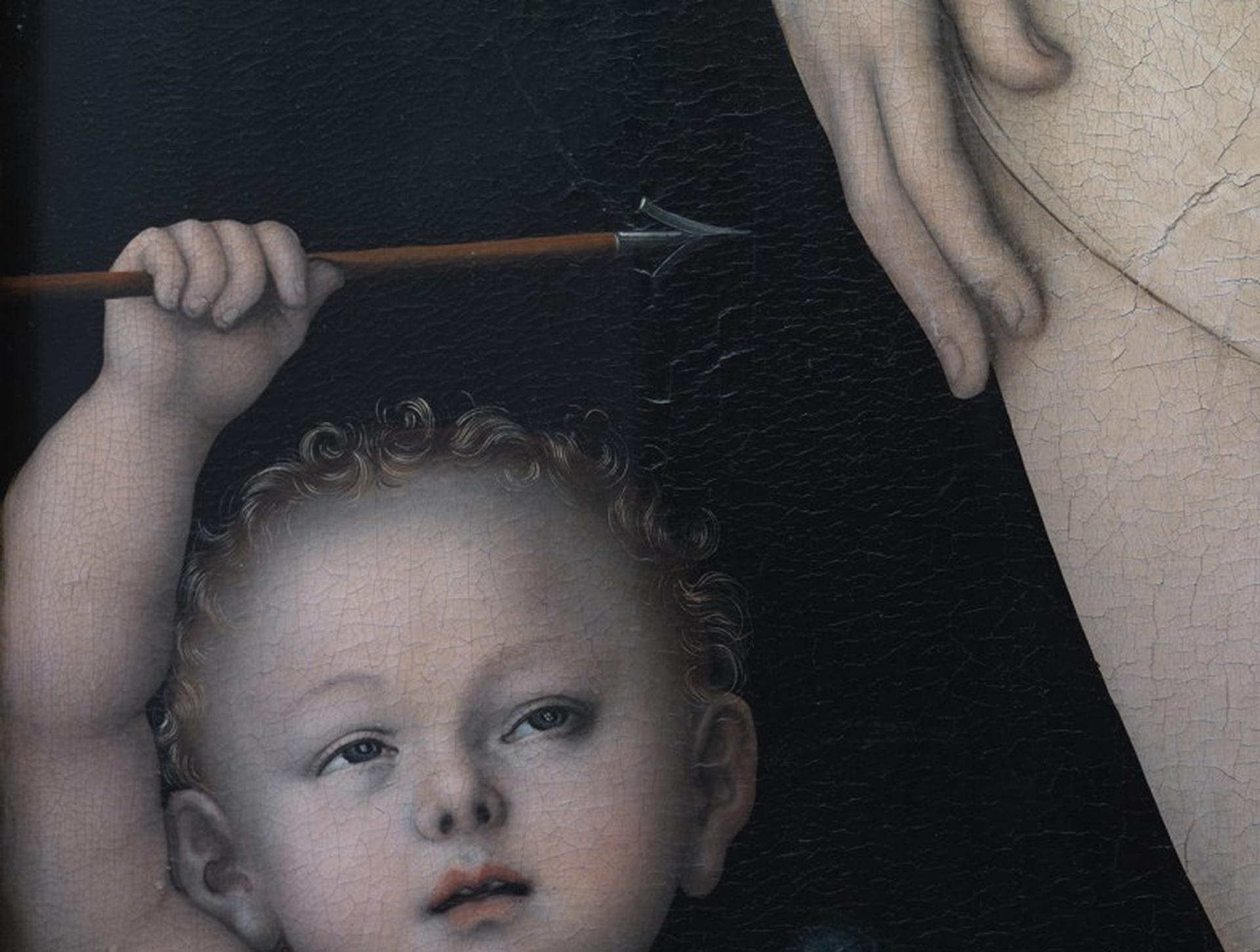 Reinhard Görners Venus und Amor I zeigt eine exquisite Nahaufnahme des Meisterwerks von Lucas Cranach dem Älteren aus dem Jahr 1530 und fängt das für die nördliche Renaissance charakteristische delikate Zusammenspiel von Sinnlichkeit und Symbolik