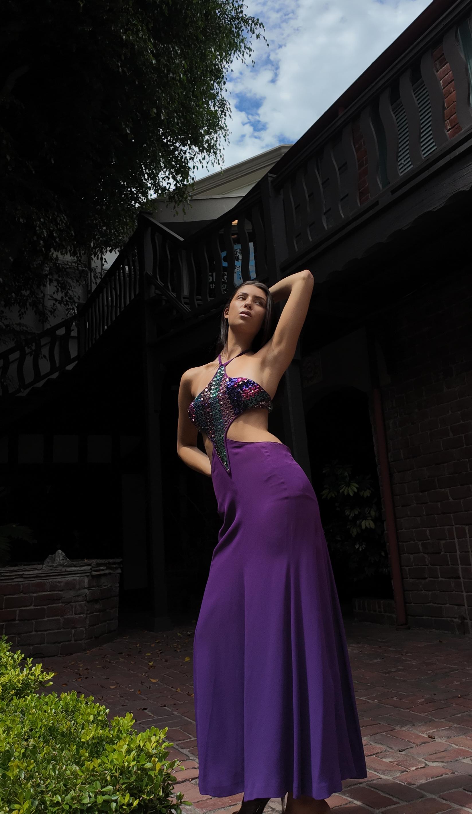 Reinhard Luthier Custom Purple 1970's Backless Sequin Dress en vente 10