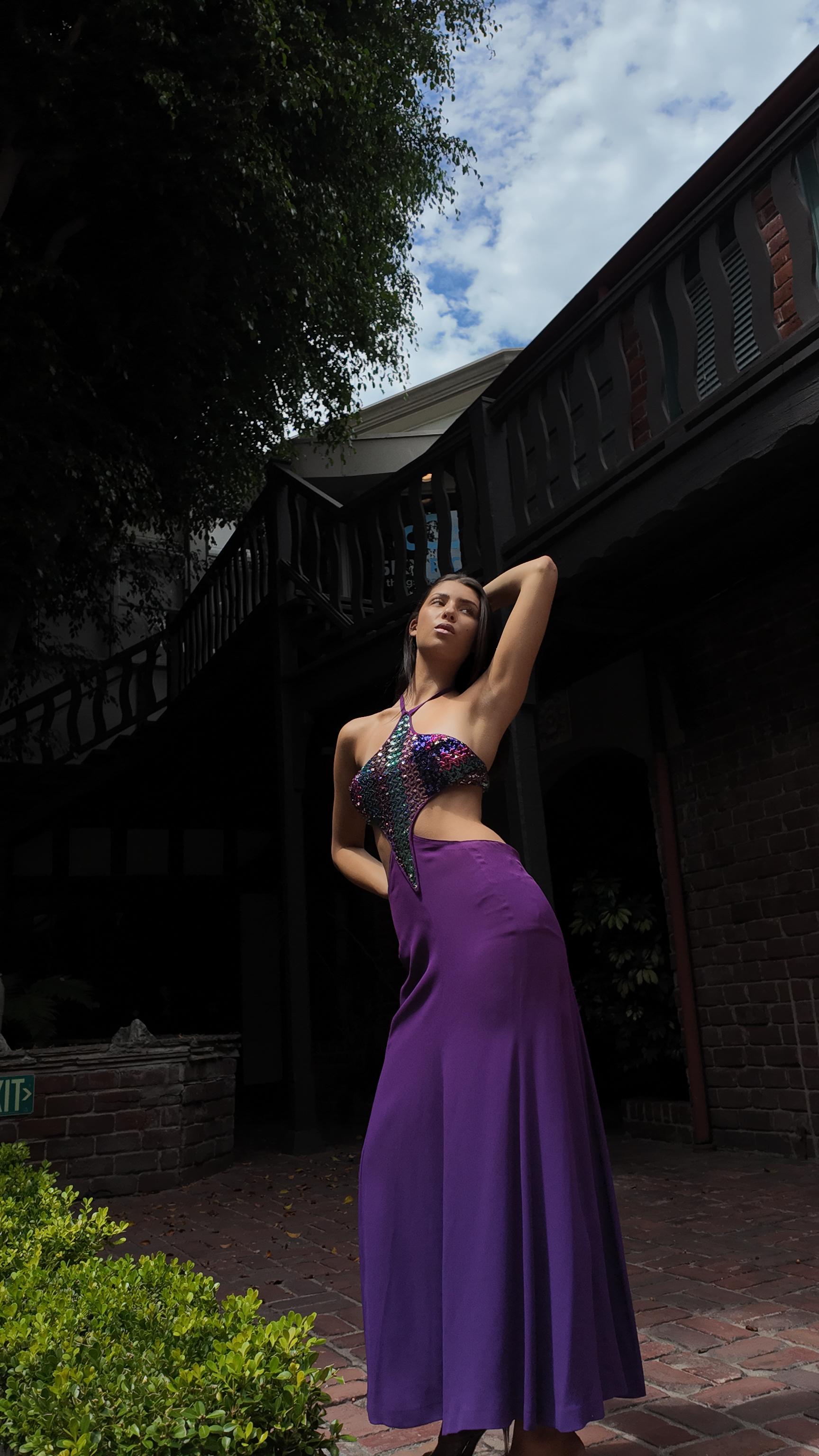 Reinhard Luthier Custom Purple 1970's Backless Sequin Dress en vente 11