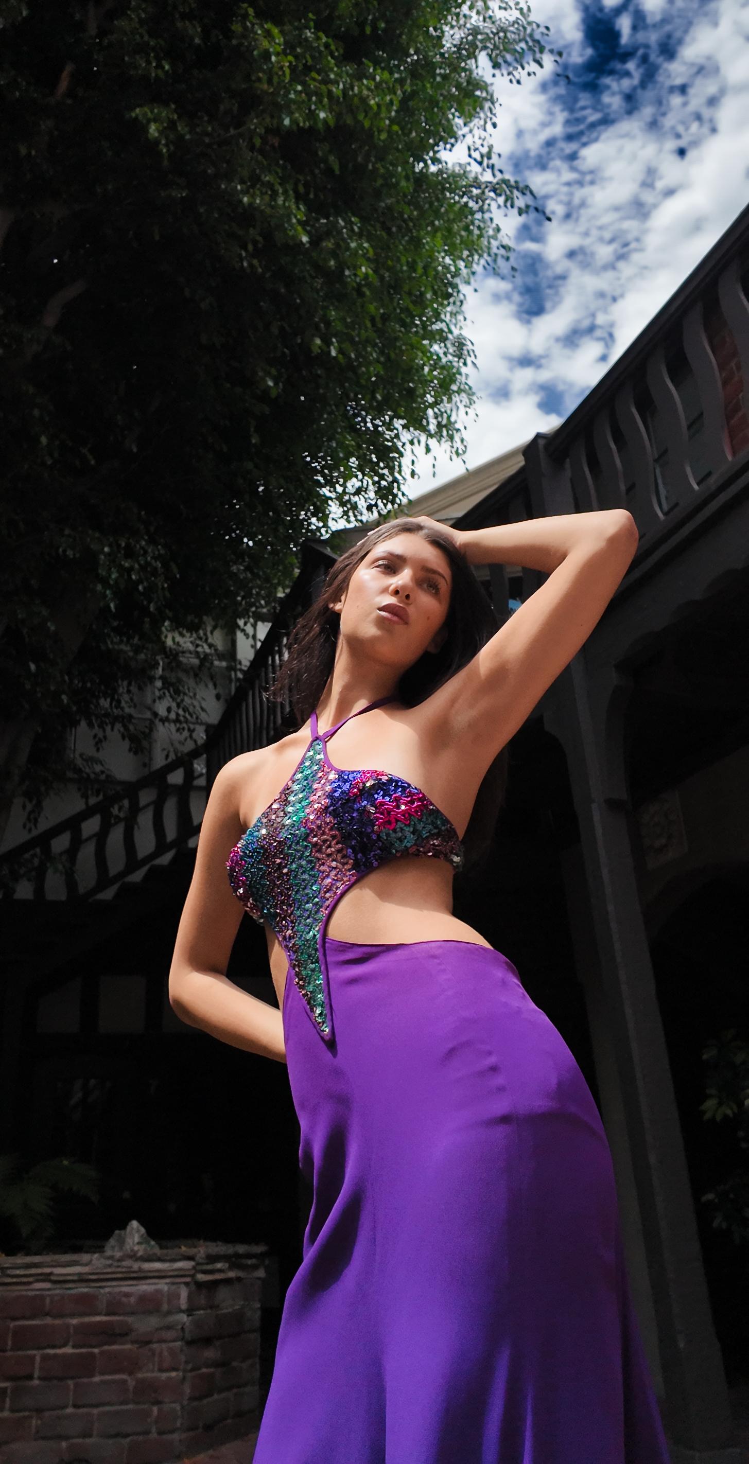 Reinhard Luthier Custom Purple 1970's Backless Sequin Dress en vente 12
