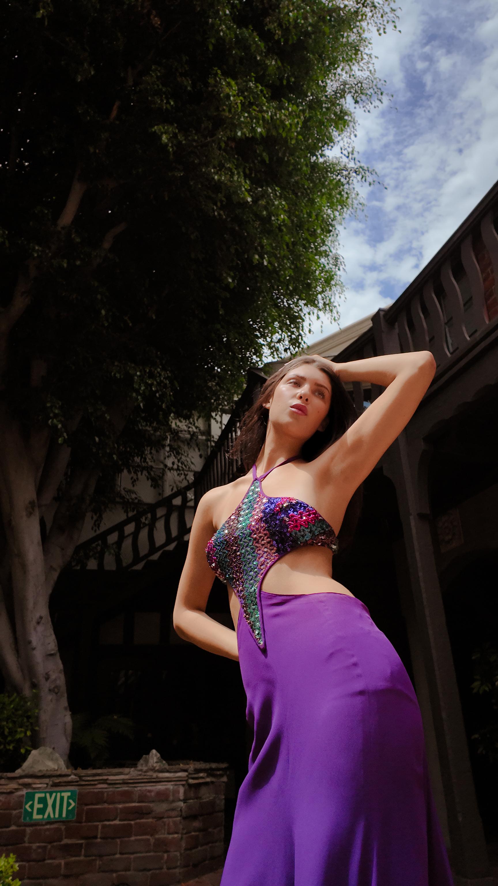 Reinhard Luthier Custom Purple 1970's Backless Sequin Dress en vente 13
