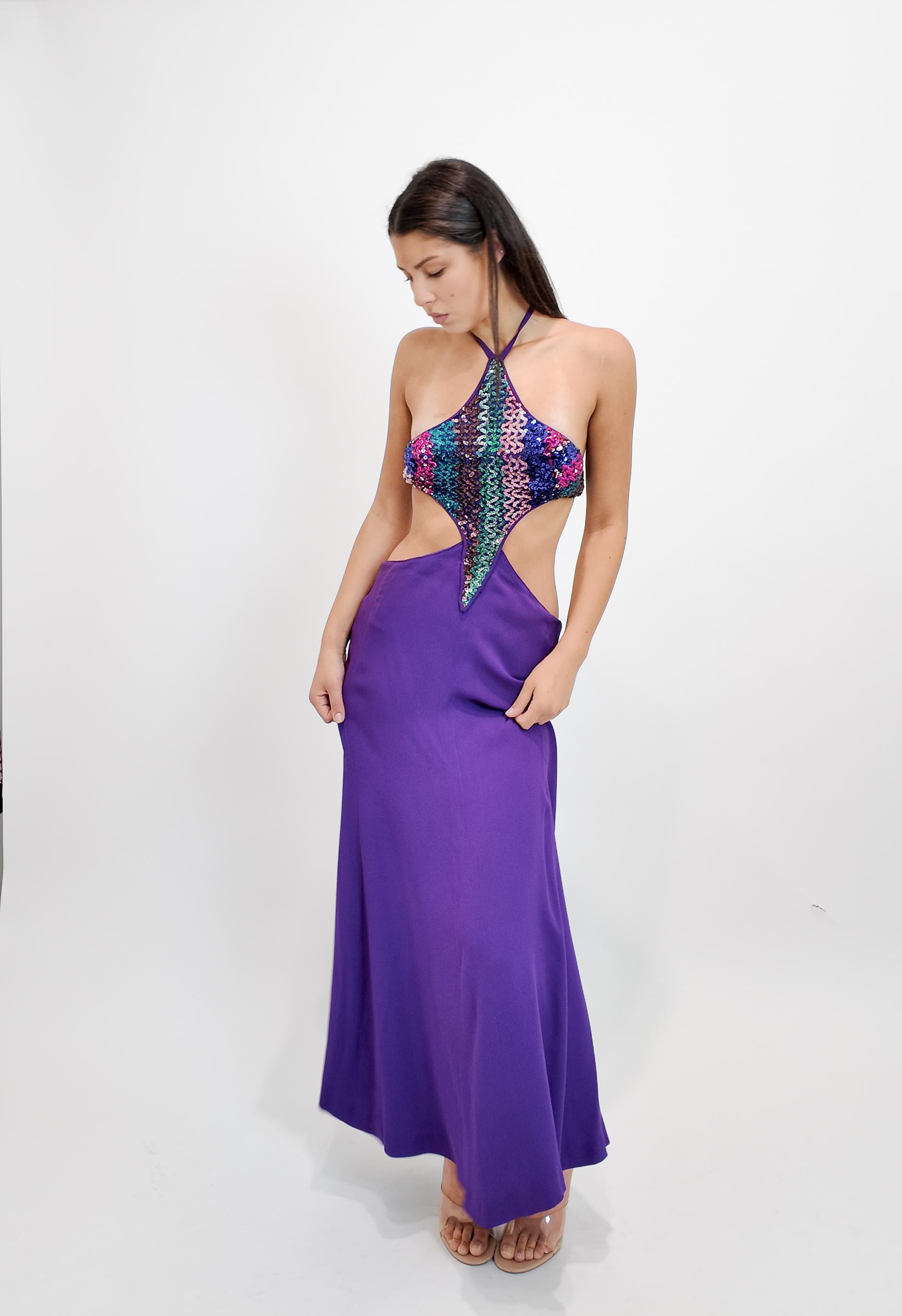 Violet Reinhard Luthier Custom Purple 1970's Backless Sequin Dress en vente