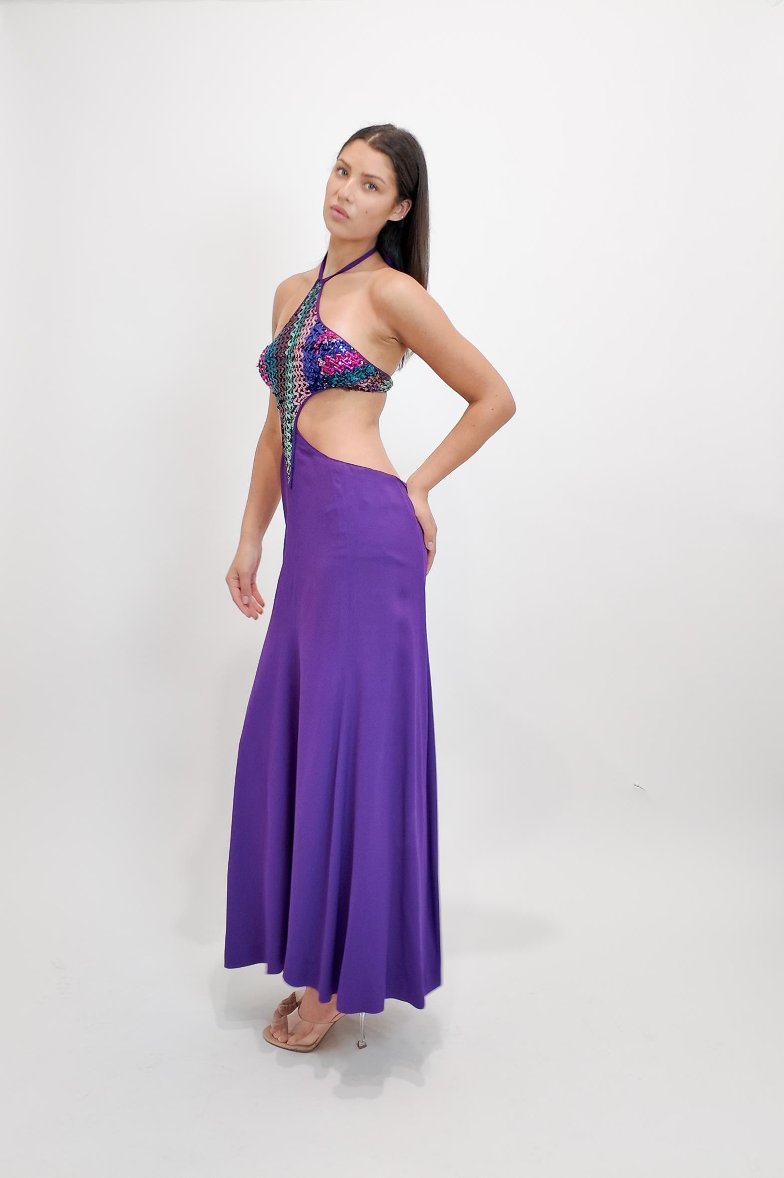 Reinhard Luthier Custom Purple 1970's Backless Sequin Dress Bon état - En vente à Los Angeles, CA