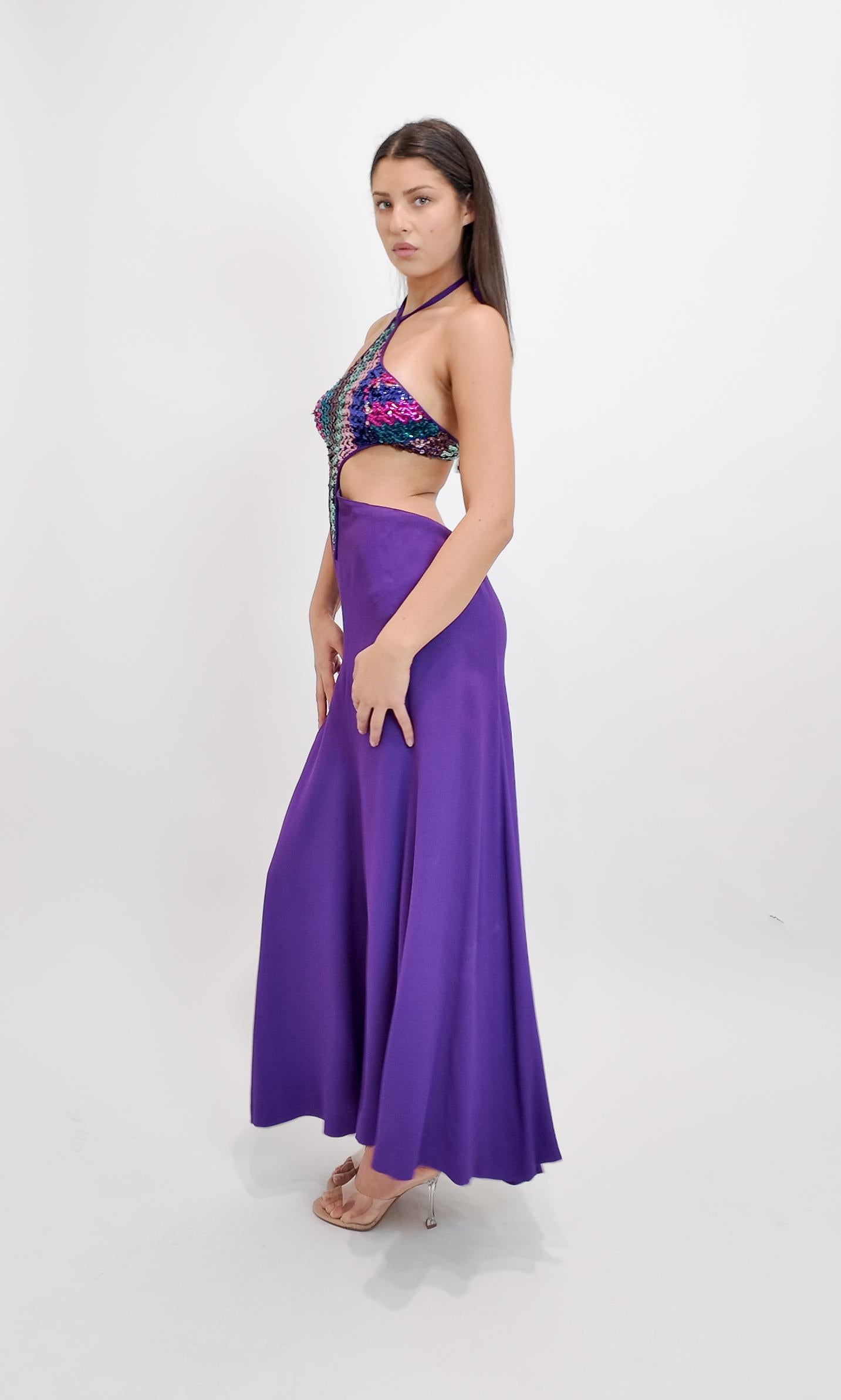 Reinhard Luthier Custom Purple 1970's Backless Sequin Dress Pour femmes en vente