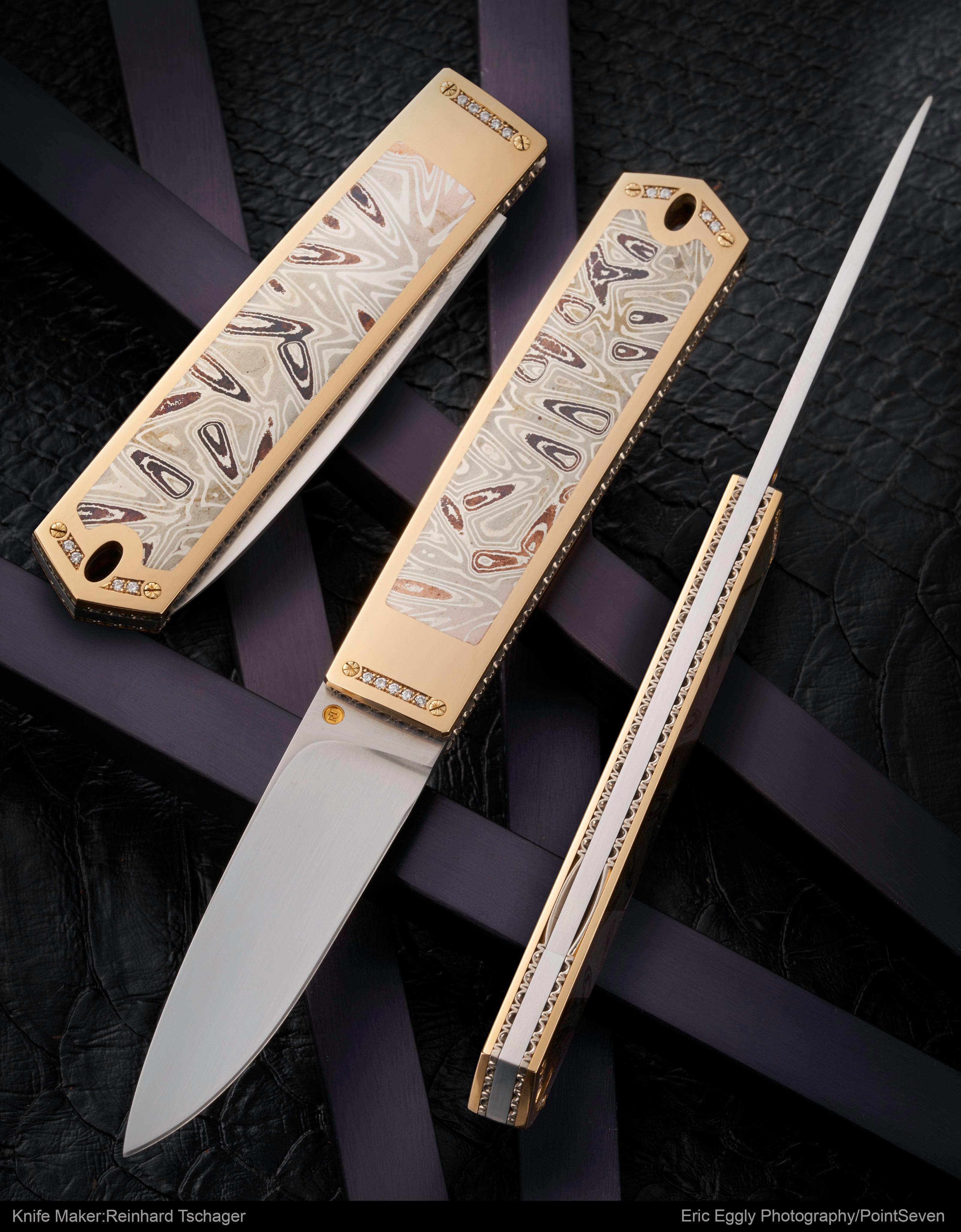 Reinhard Tschager, Folding Knife with 18K Yellow Gold and Diamonds
Blade in ATS 34. The handle is 18K Yellow Gold with mokume inlay with silver, shakudo, shibuichi and copper
Goldsmith work and fixing the diamonds by Reinhard Tschager.
Photography