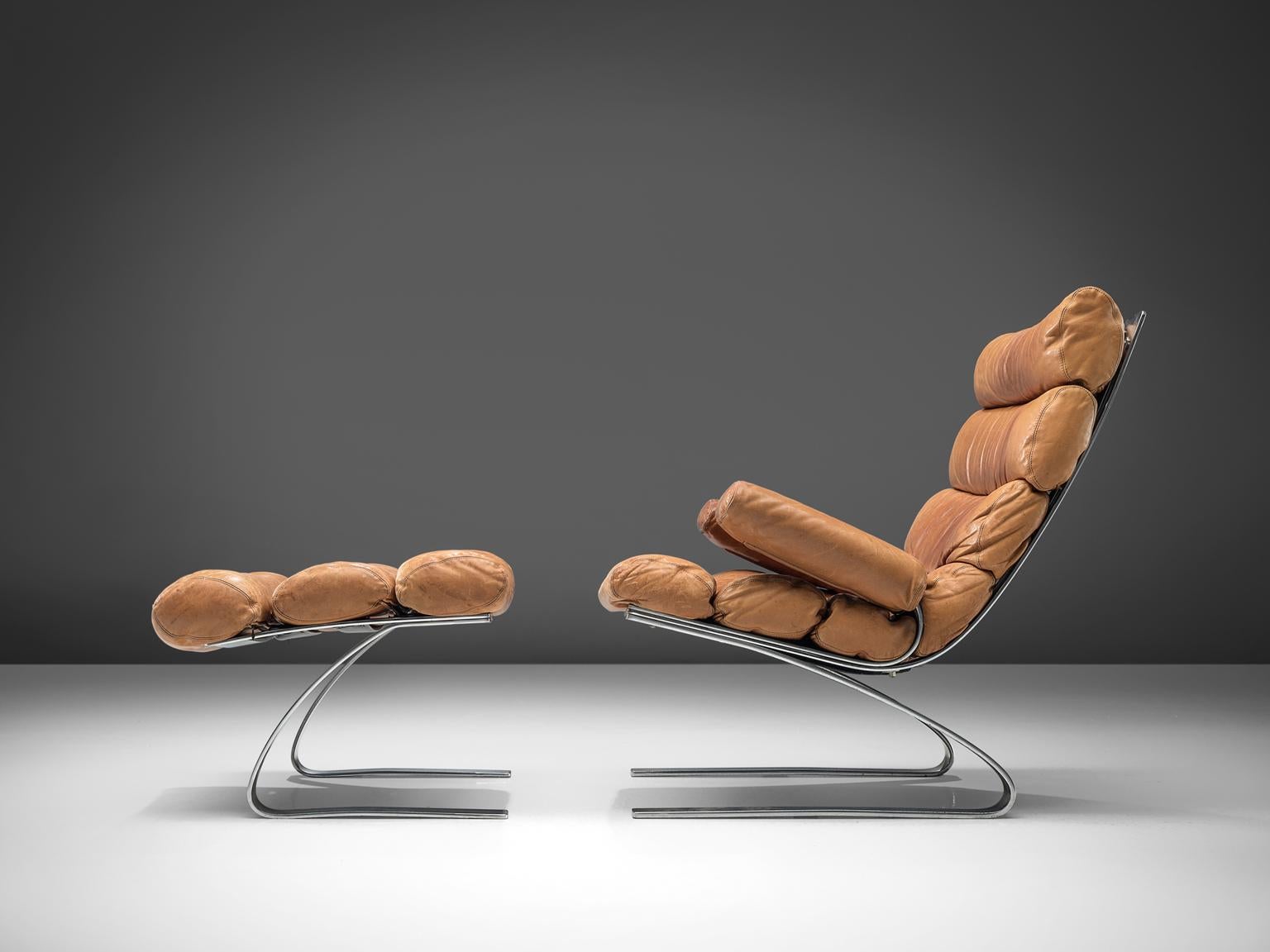 Mid-Century Modern Reinhold Adolf & Hans-jürgen Schräpfer Cognac Leather 'Sinus' Lounge Chair