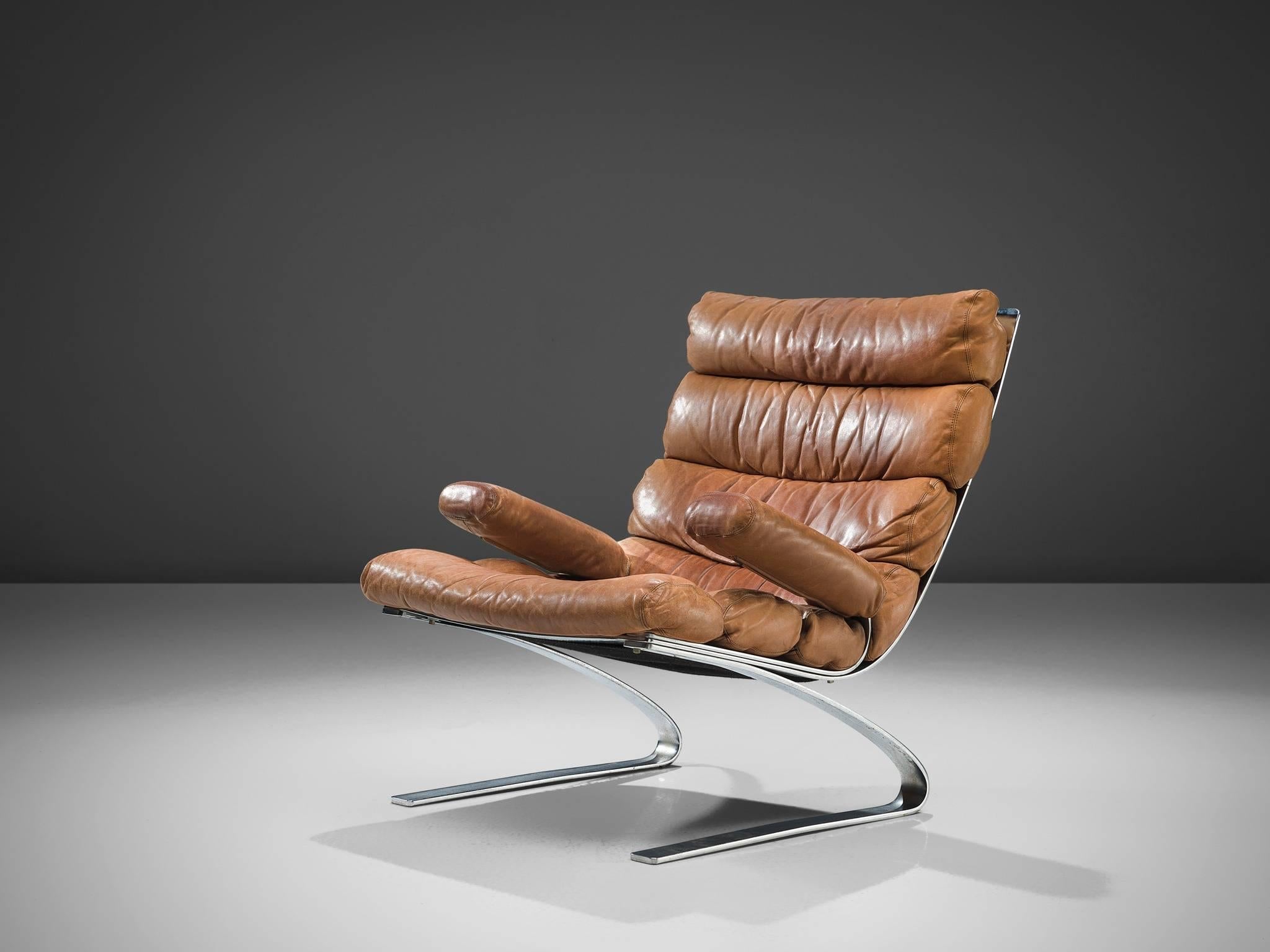 Reinhold Adolf & Hans-jürgen Schräpfer Cognac Leather 'Sinus' Lounge Chair In Good Condition In Waalwijk, NL