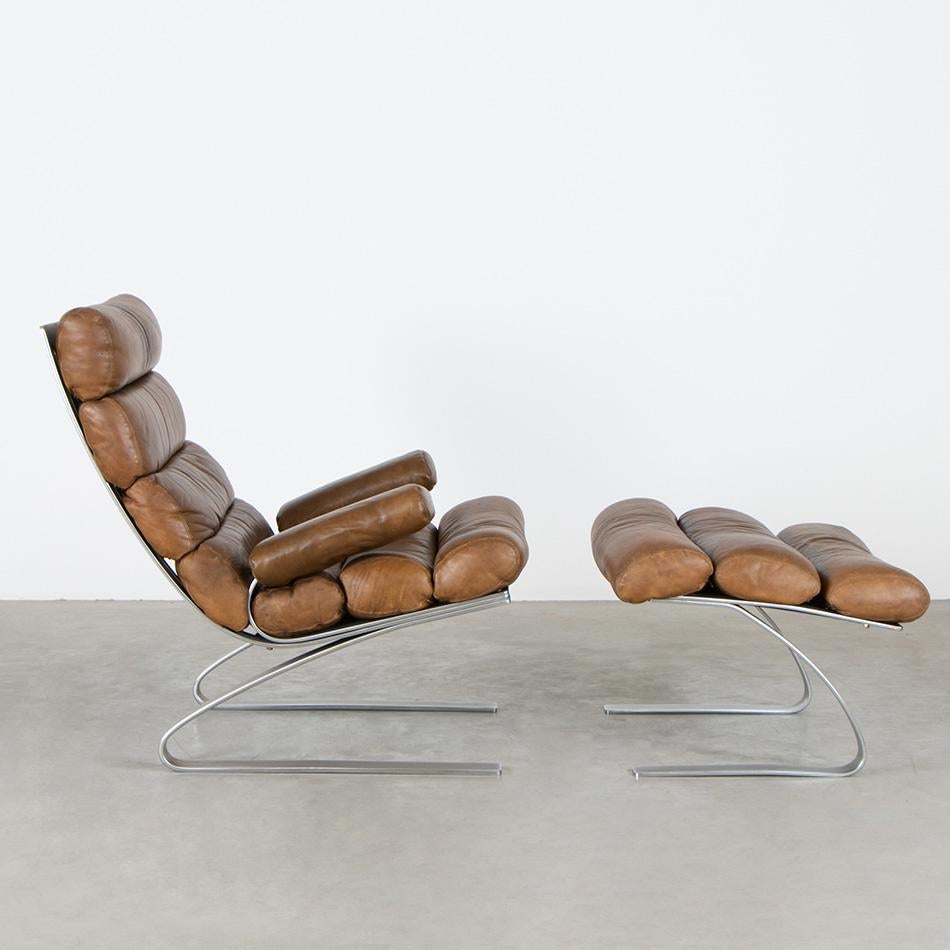 Mid-Century Modern Reinhold Adolf & Hans-Jürgen Schröpfer Sinus Lounge Chair Brown Patined Leather