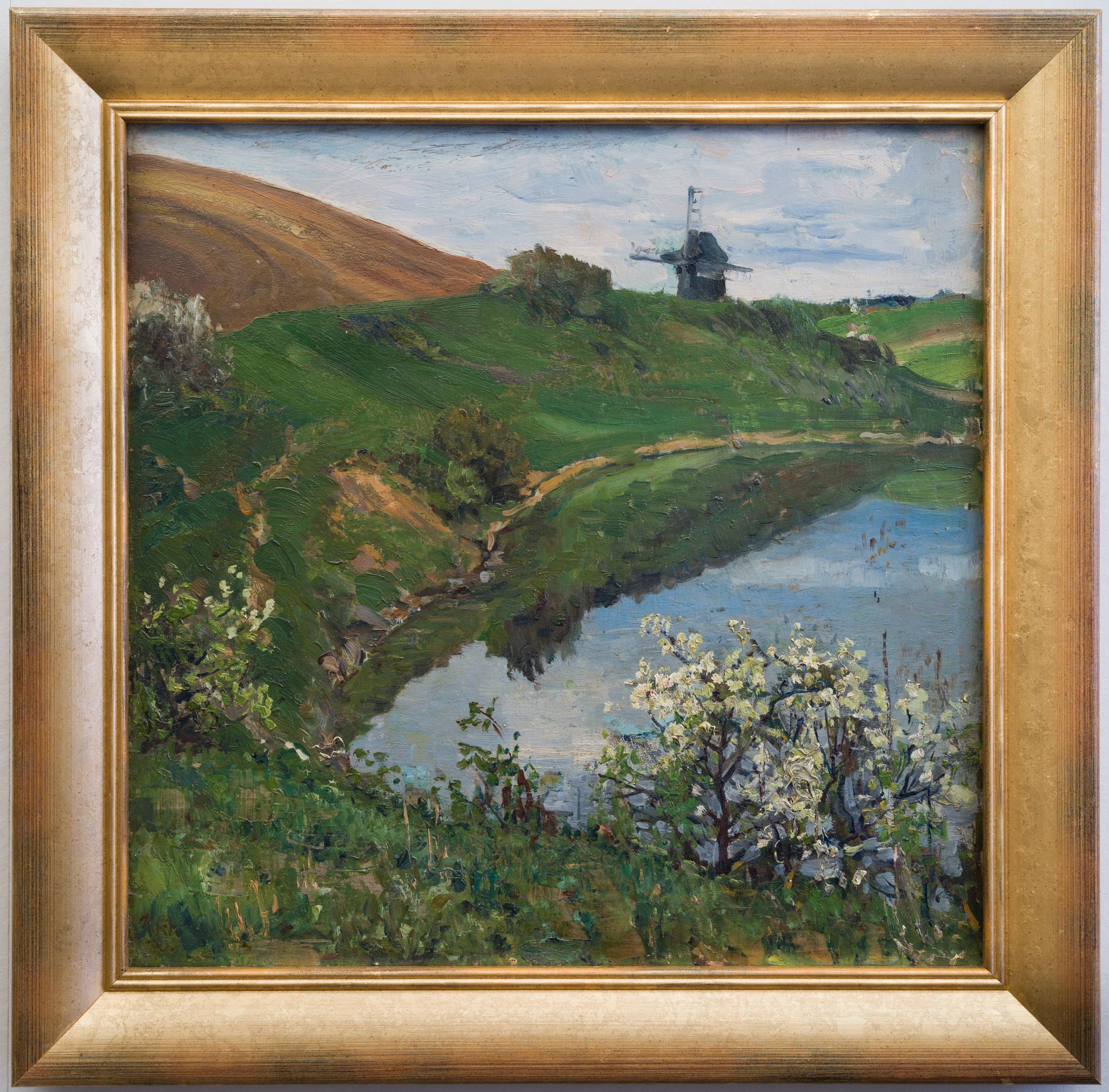 Deutsche Herbstlandschaft mit Windmühle, 1903 – Painting von Reinhold Grohmann