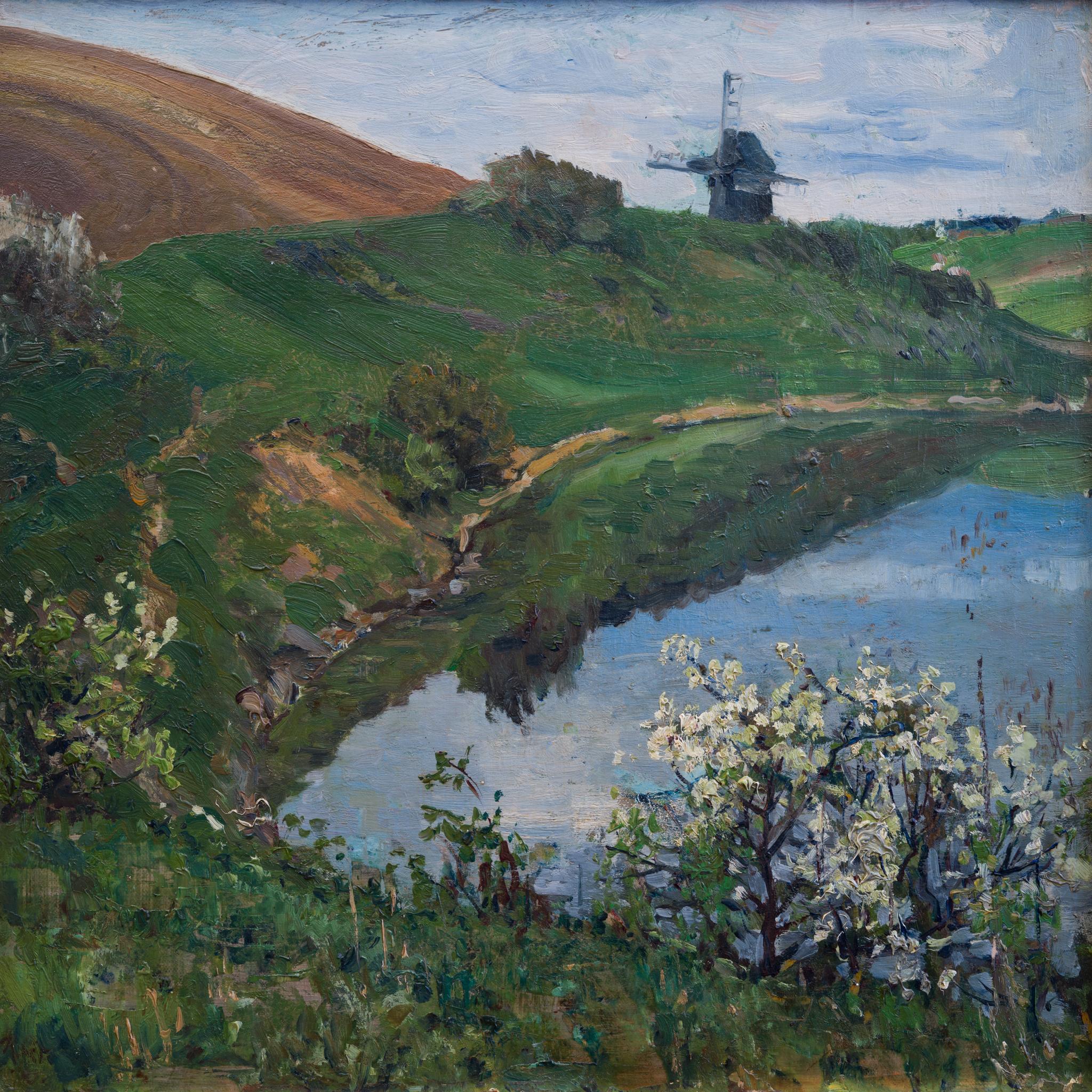 Reinhold Grohmann Landscape Painting - German Autumn Landscape With Windmill, 1903