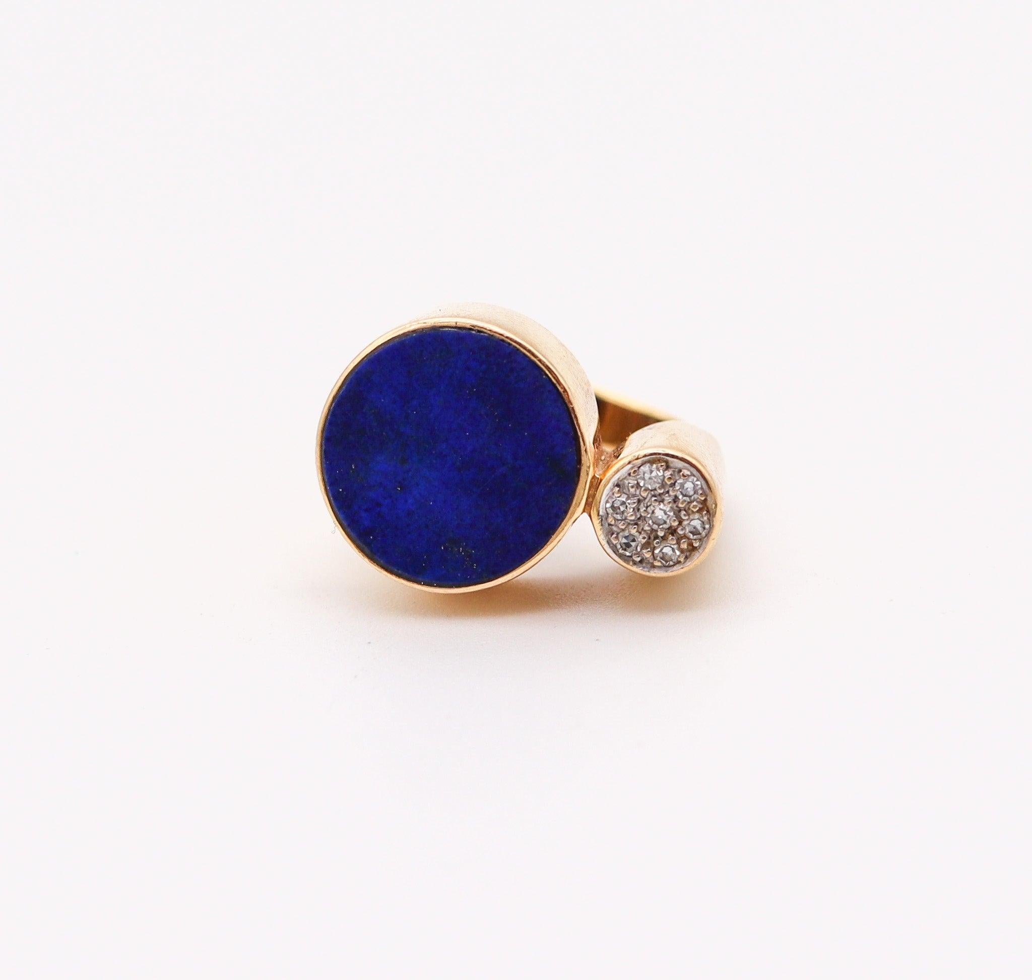 Cabochon REINHOLD REILING 1970 Germany Modernist Ring In 18Kt Gold With Lapis & Diamonds For Sale