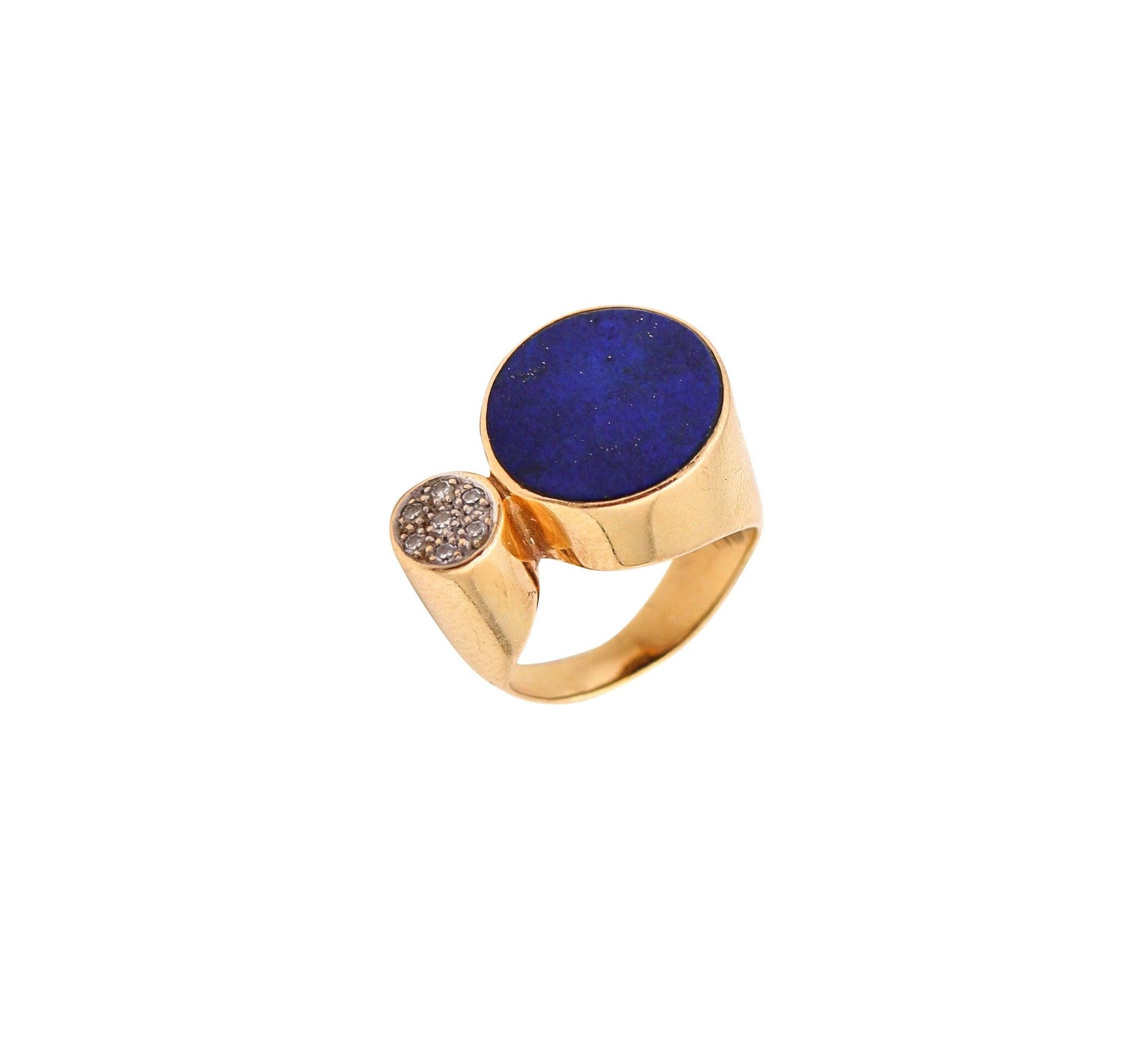 REINHOLD REILING 1970 Germany Modernist Ring In 18Kt Gold With Lapis & Diamonds For Sale 3