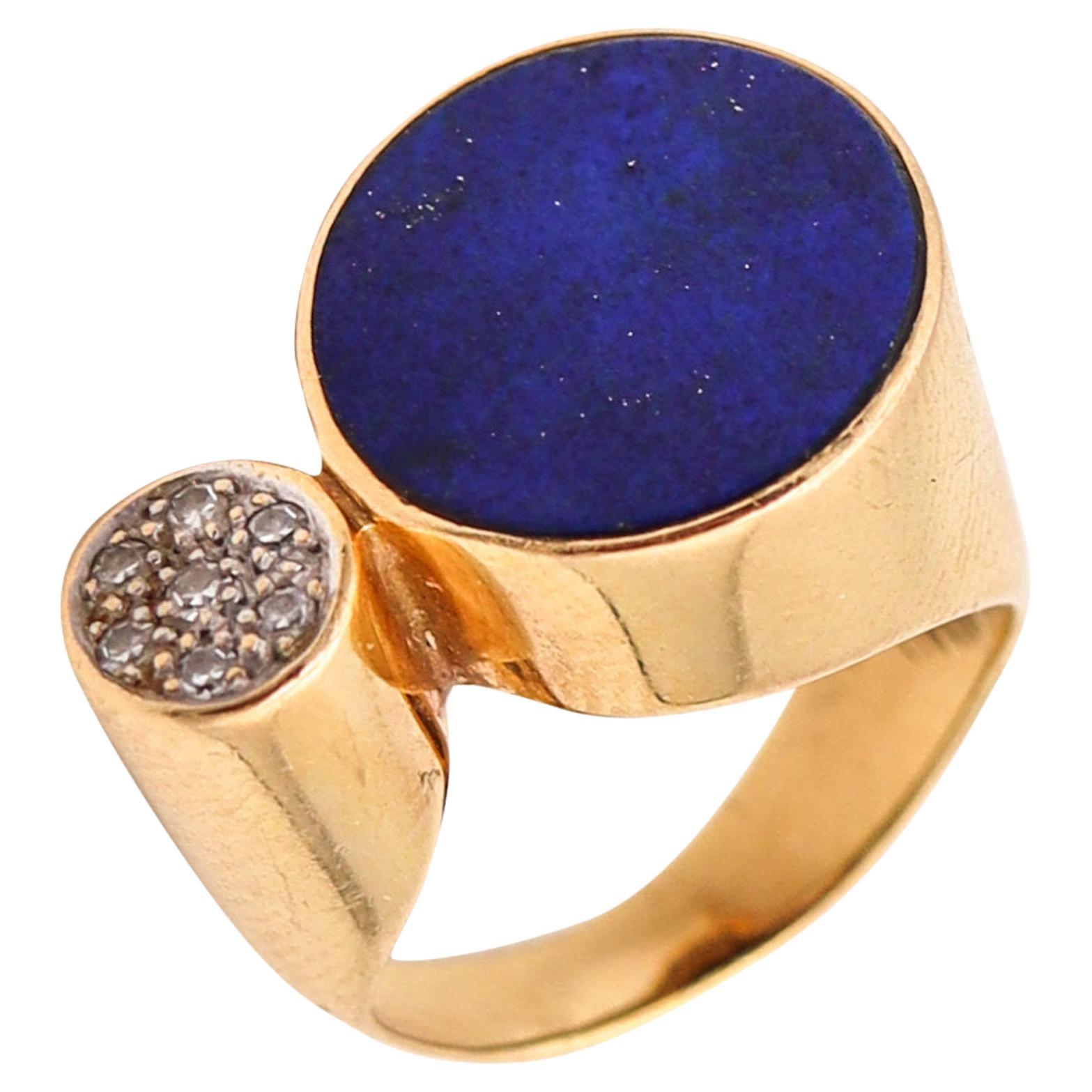 REINHOLD REILING 1970 Germany Modernist Ring In 18Kt Gold With Lapis & Diamonds For Sale