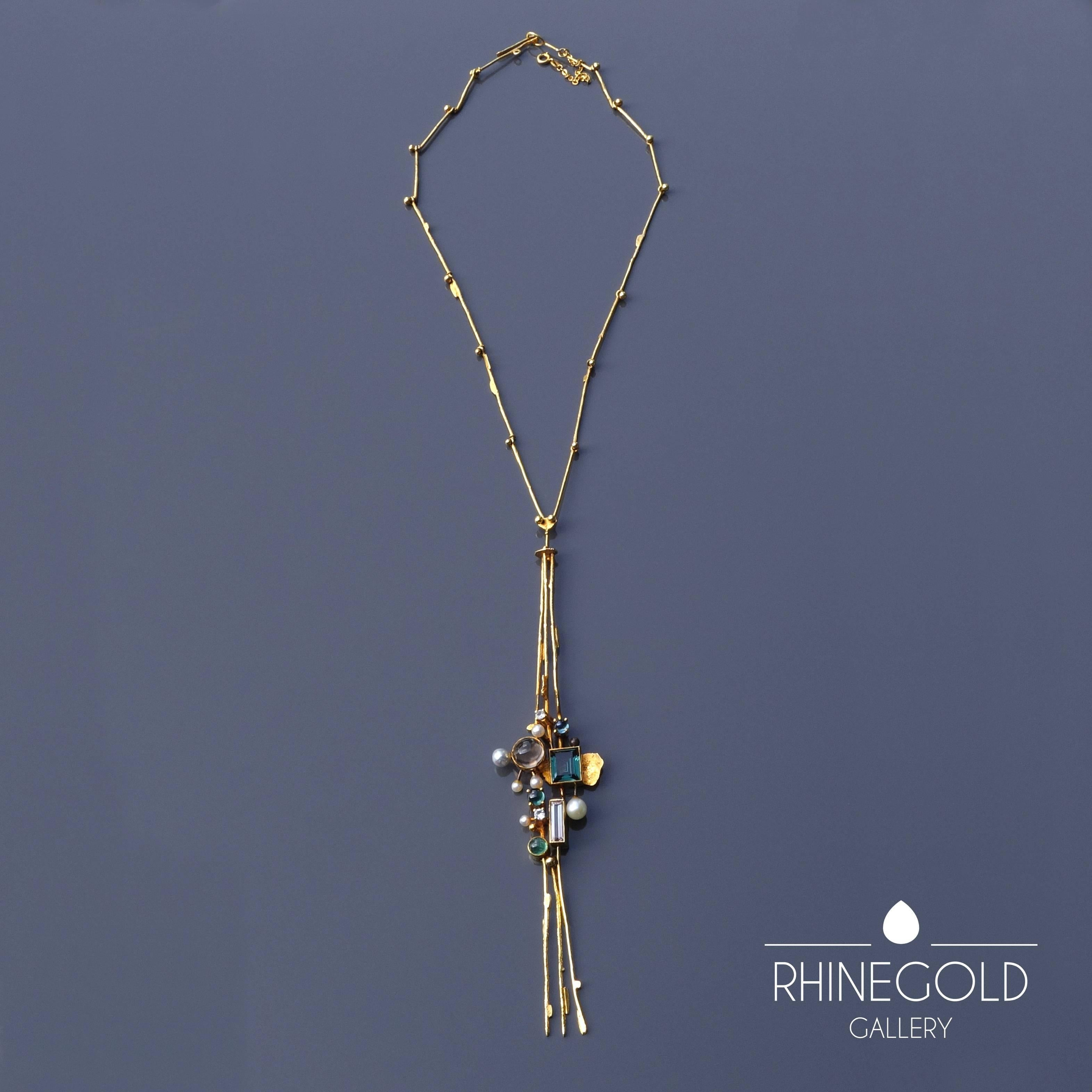 Women's Reinhold Reiling Modernist Emerald Sapphire Tourmaline etc. Pearl Gold Necklace For Sale