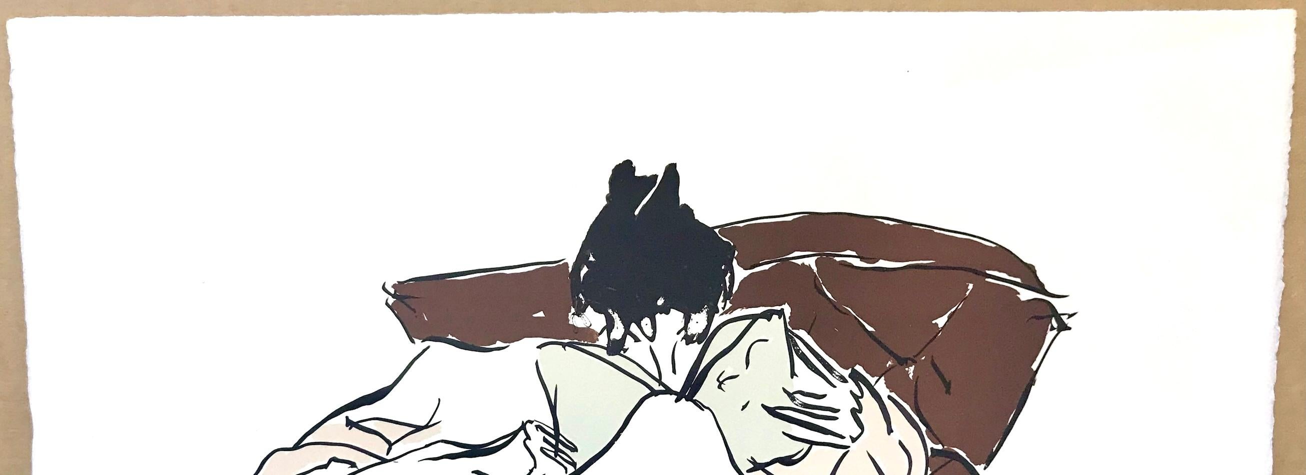 WOMAN READING Signierte Lithographie, sitzende Frau in rosa, Robenbraun, Sessel im Angebot 1