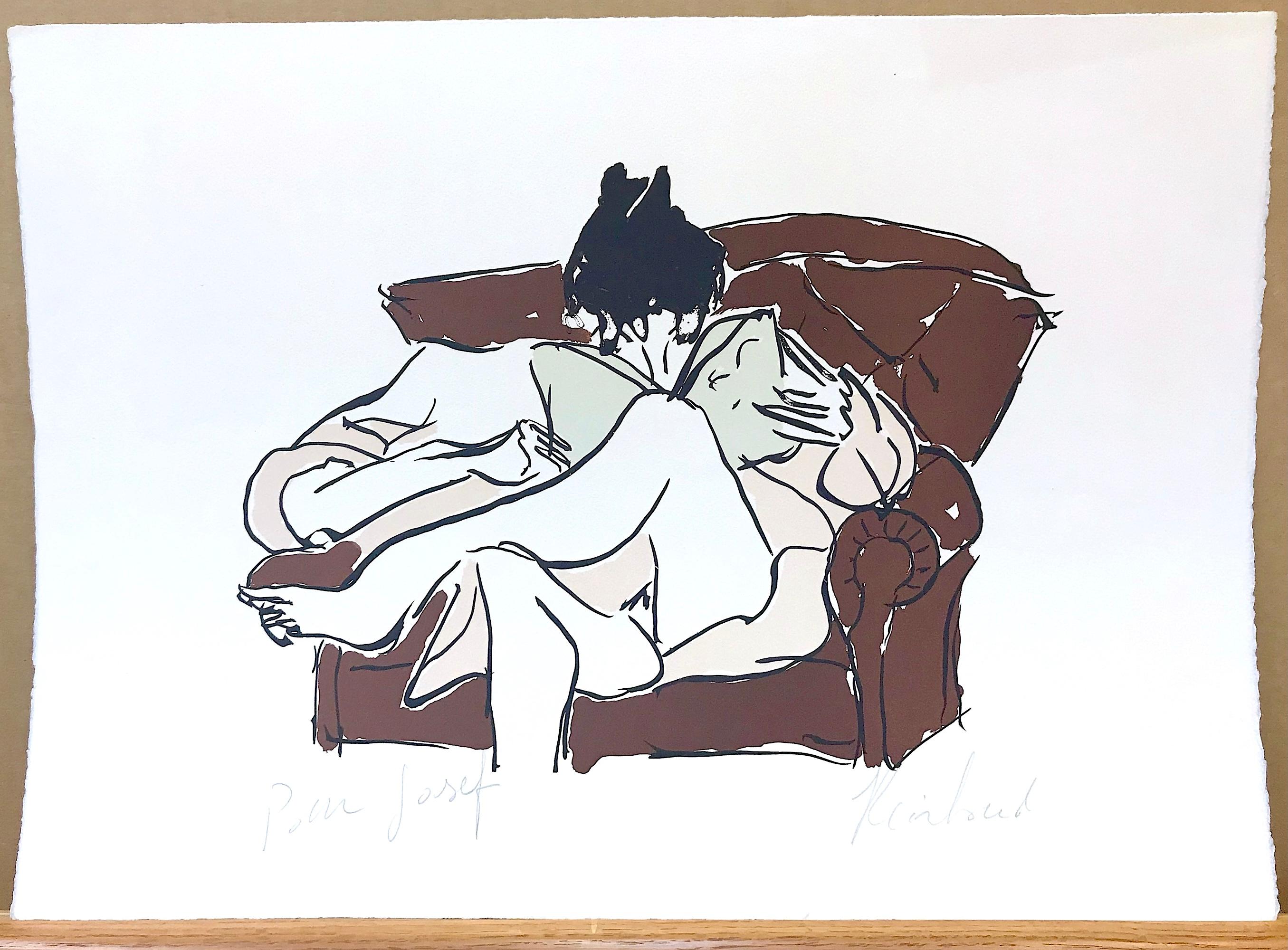 WOMAN READING Signierte Lithographie, sitzende Frau in rosa, Robenbraun, Sessel im Angebot 3