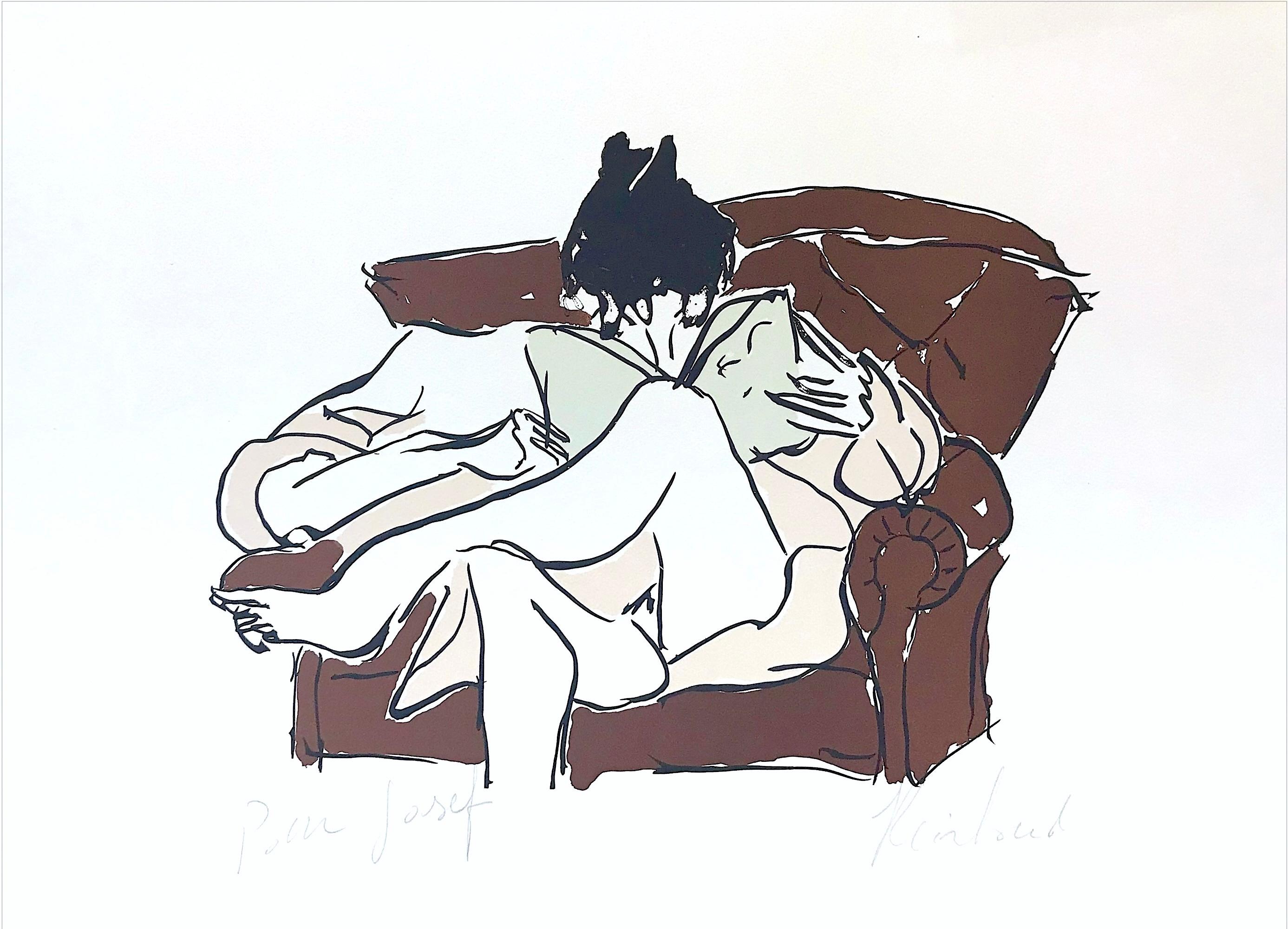 Reinhoud D'Haese Portrait Print – WOMAN READING Signierte Lithographie, sitzende Frau in rosa, Robenbraun, Sessel
